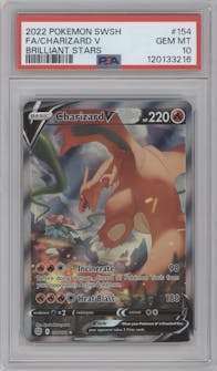 Charizard V from the 2022 Pokemon SWSH set graded by PSA and given an overall grade of 10.