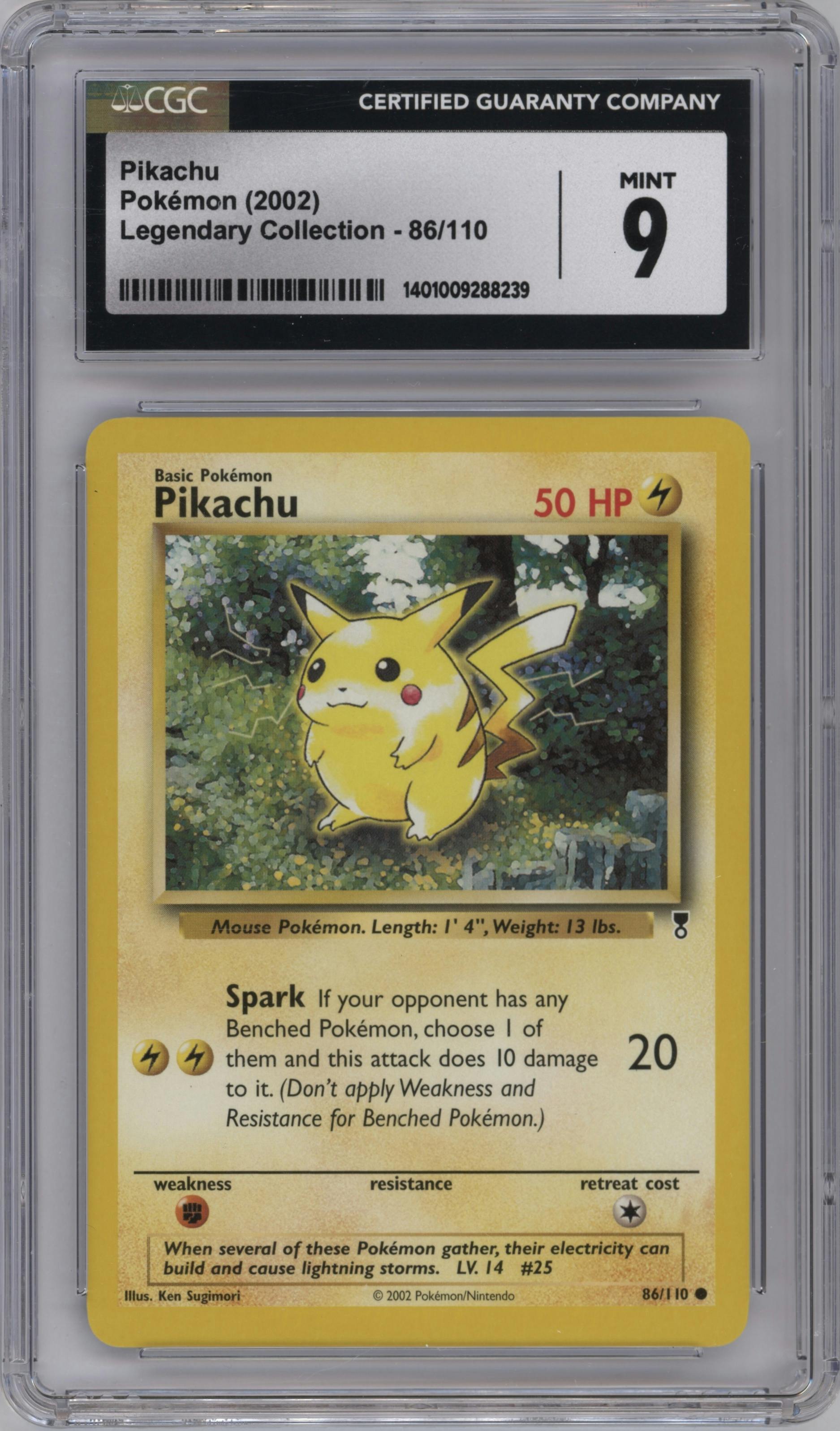 Pikachu from the 2002 Pokemon  set graded by CSG and given an overall grade of 9.