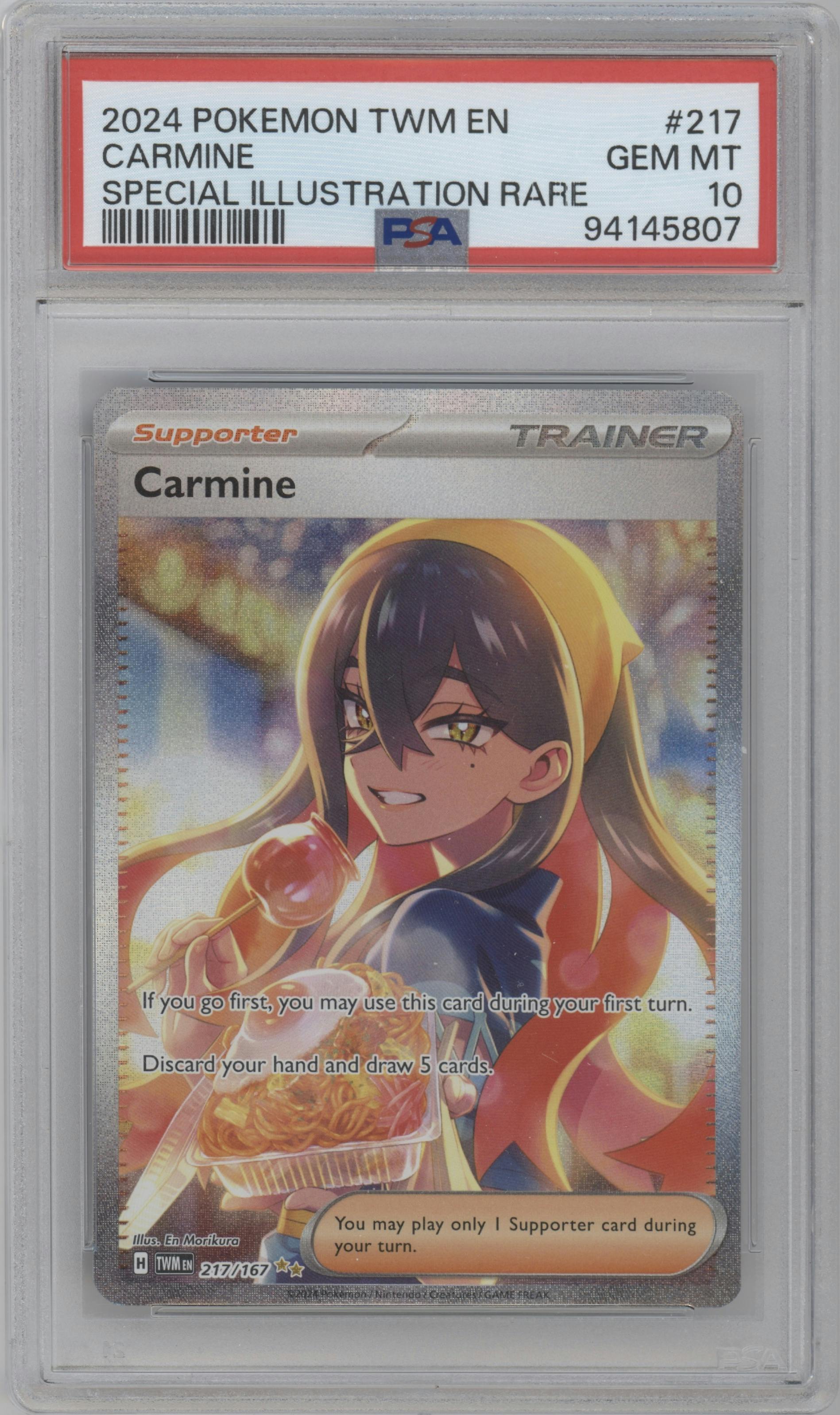 Carmine from the 2024 Pokemon SV set graded by PSA and given an overall grade of 10.