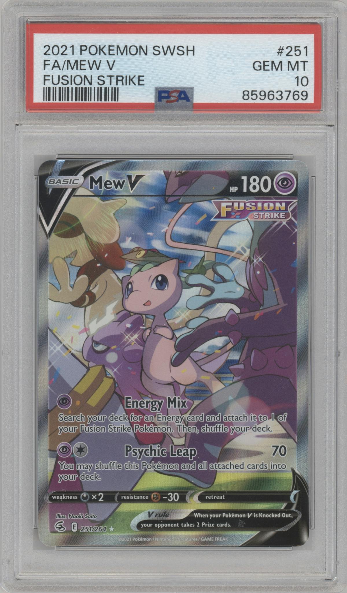 Mew V from the 2021 Pokemon SWSH set graded by PSA and given an overall grade of 10.