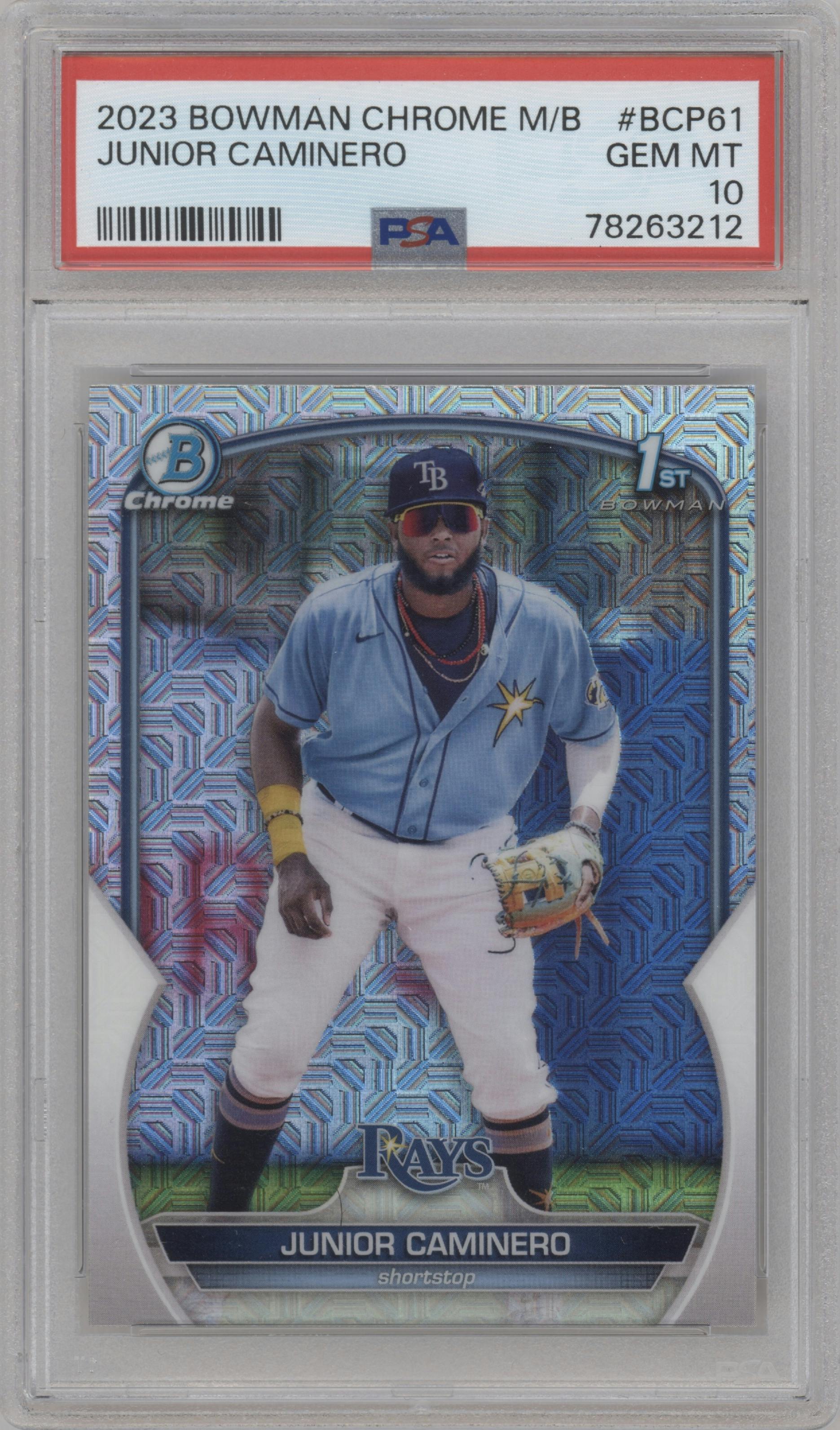 Junior Caminero from the 2023 Bowman Mega Box set graded by PSA and given an overall grade of 10.