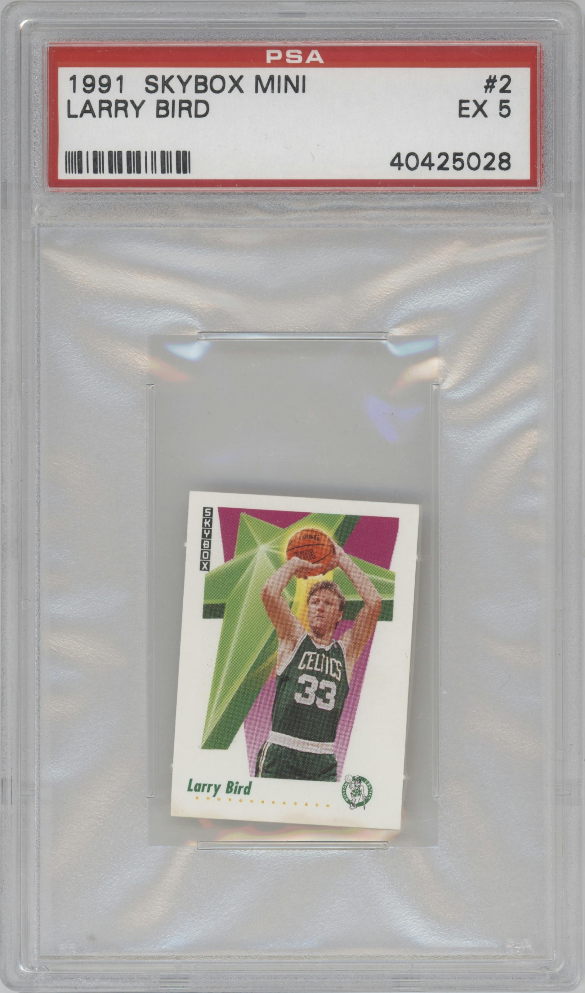 Larry Bird from the 1991-92 Skybox Canadian Minis set graded by PSA and given an overall grade of 5.