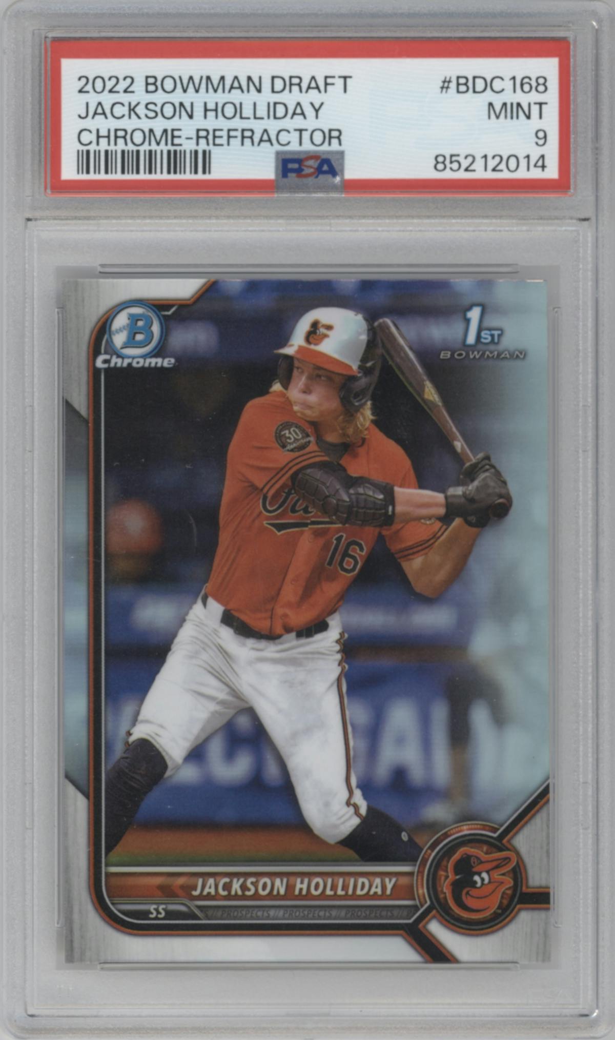 Jackson Holliday from the 2022 Bowman Draft set featuring a Refractor parallel graded by PSA and given an overall grade of 9.