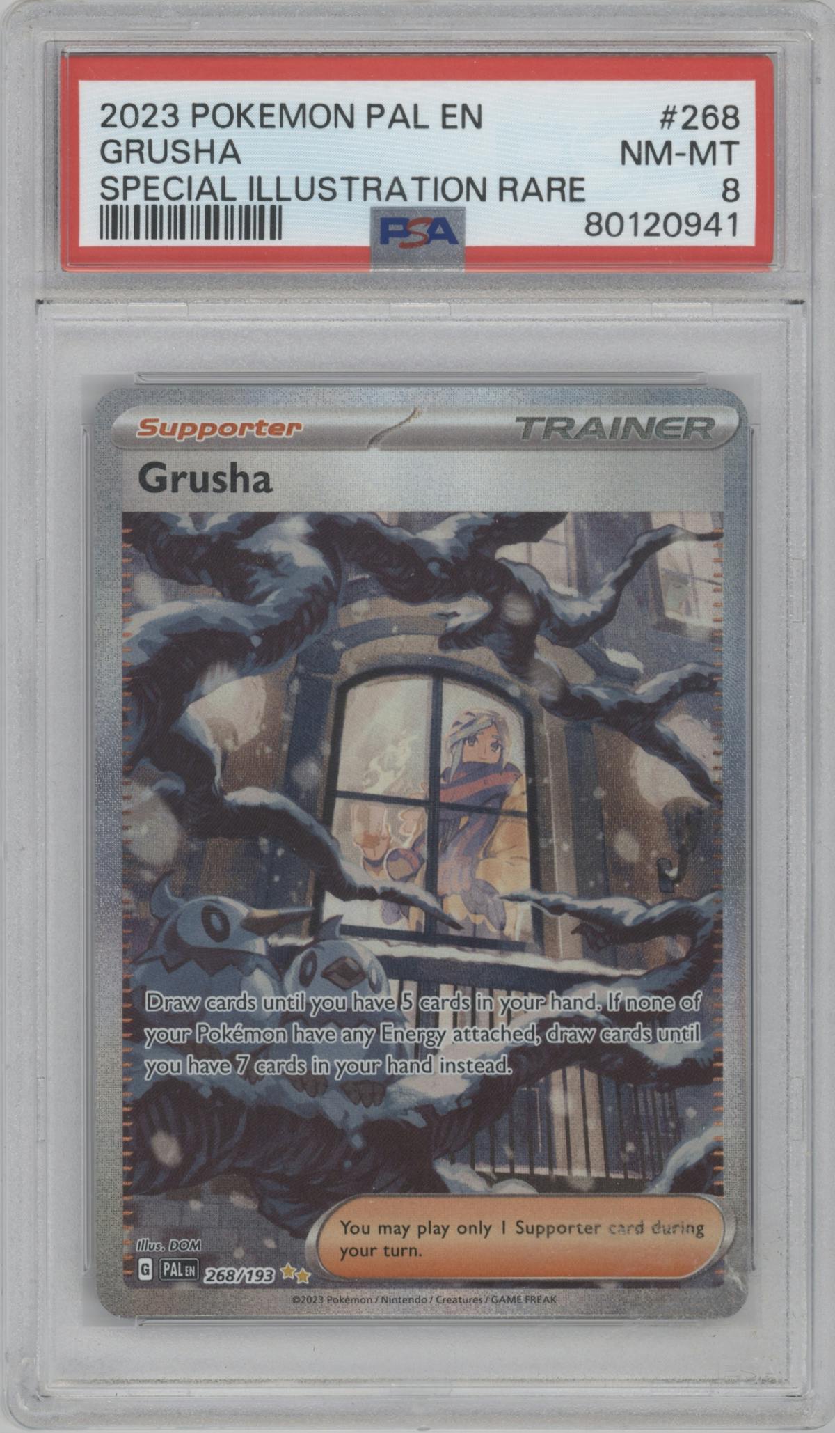 Grusha from the 2023 Pokemon SV set graded by PSA and given an overall grade of 8.