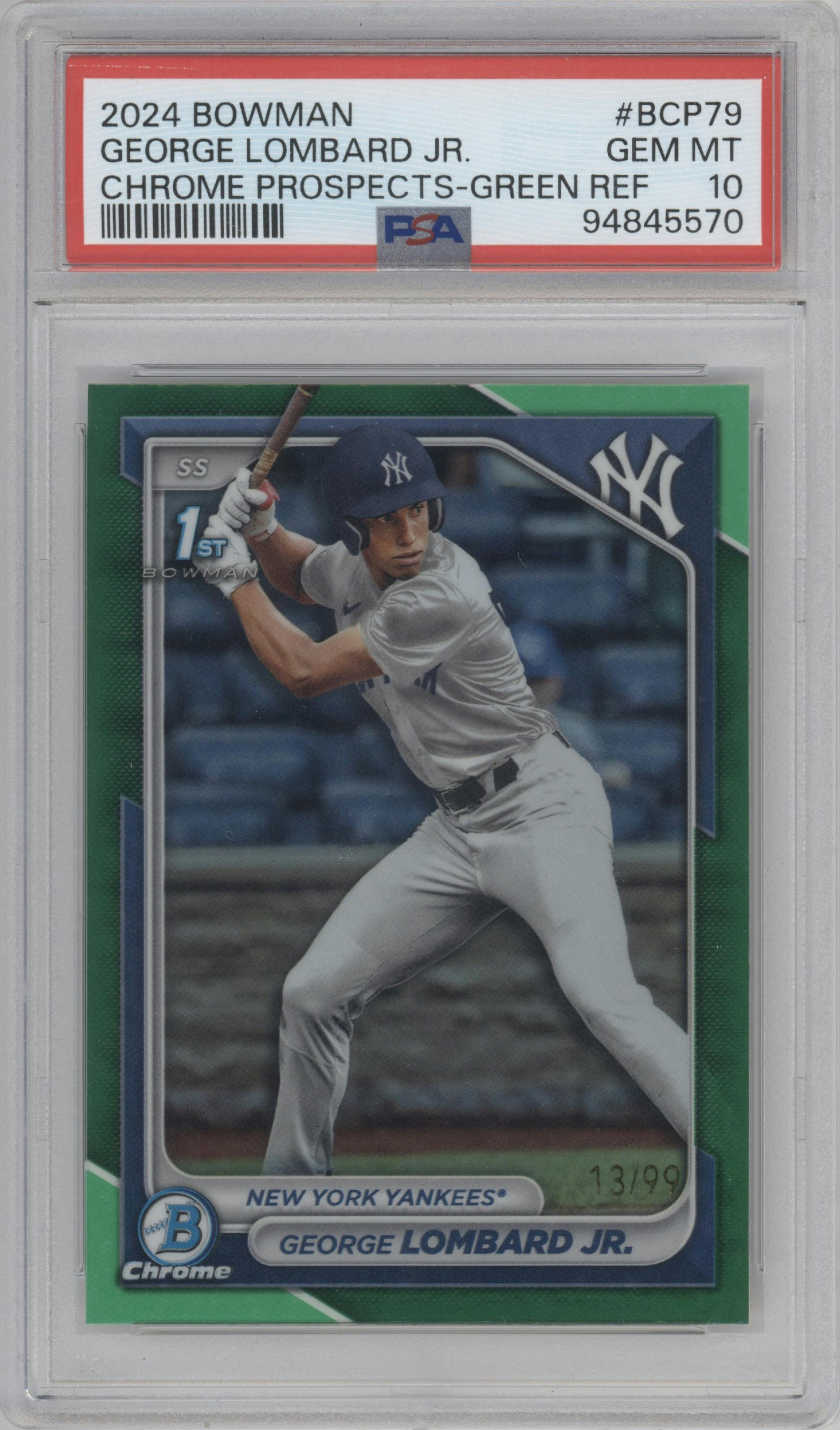 George Lombard Jr. from the 2024 Bowman set featuring a Green Refractor parallel graded by PSA and given an overall grade of 10.