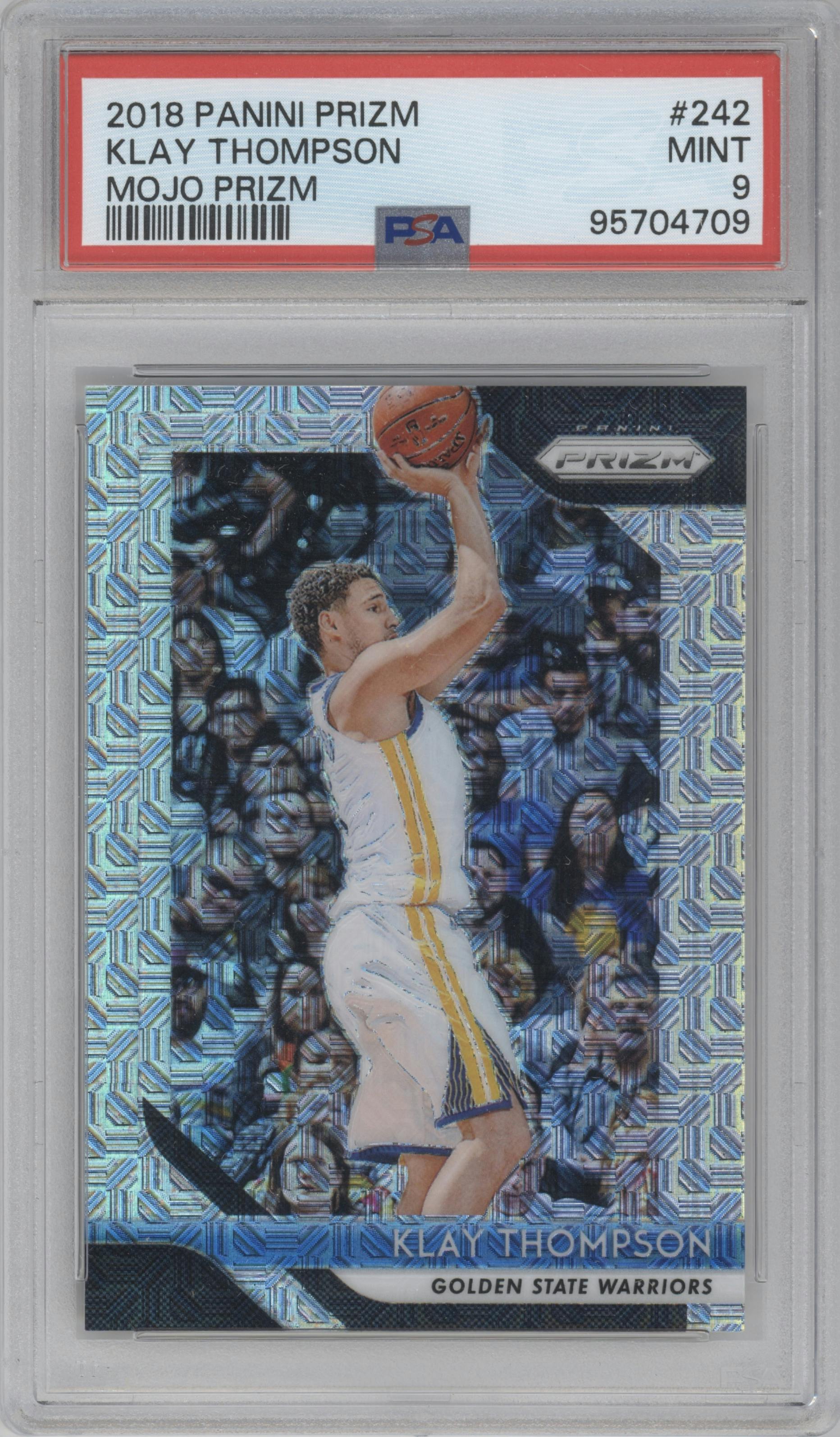 Klay Thompson from the 2018-19 Panini Prizm set featuring a Mojo parallel graded by PSA and given an overall grade of 9.