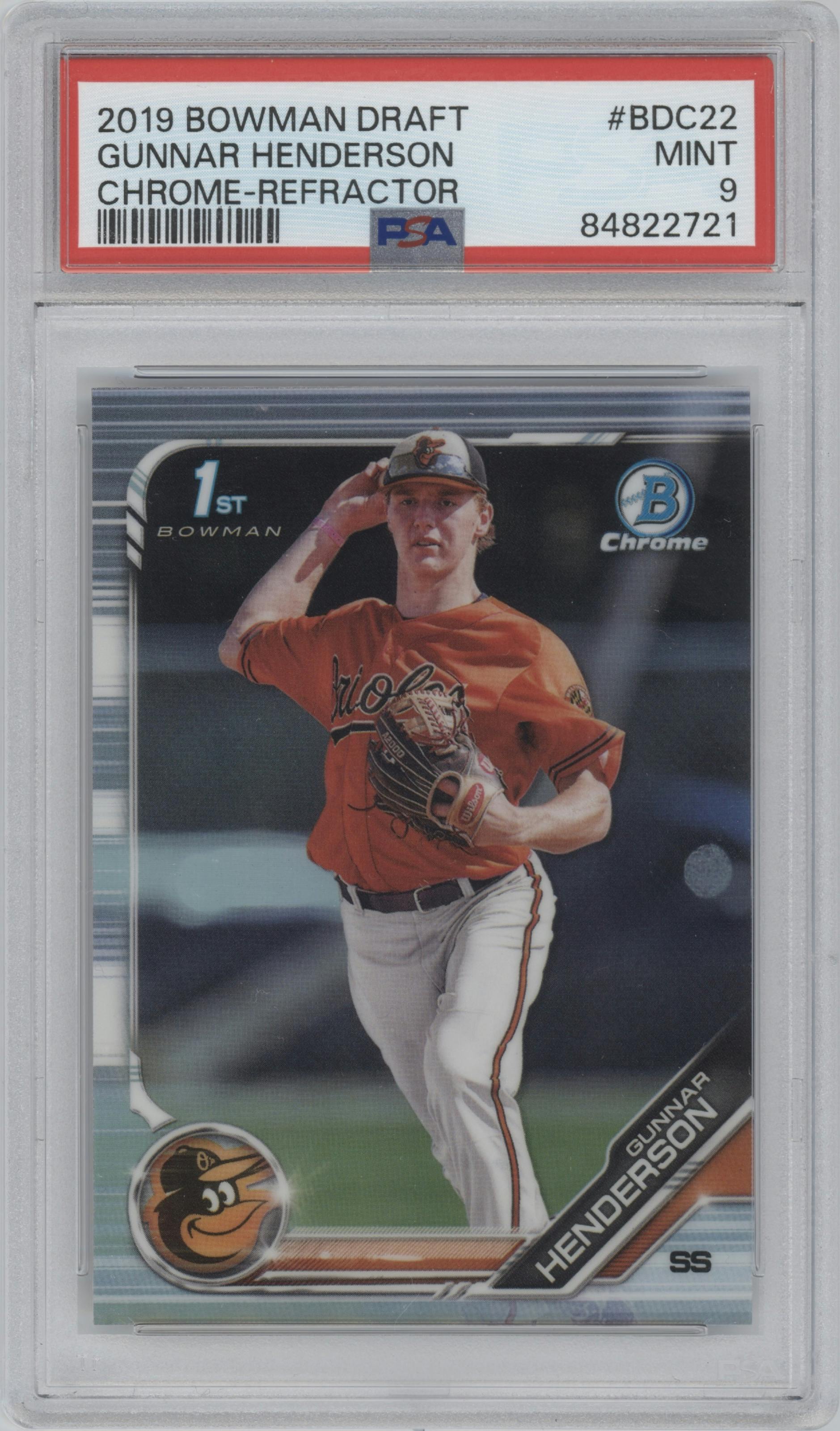 Gunnar Henderson from the 2019 Bowman Draft set featuring a Refractor parallel graded by PSA and given an overall grade of 9.