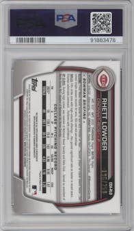 Rhett Lowder from the 2023 Bowman Draft set featuring a Purple Refractor parallel graded by PSA and given an overall grade of 9.