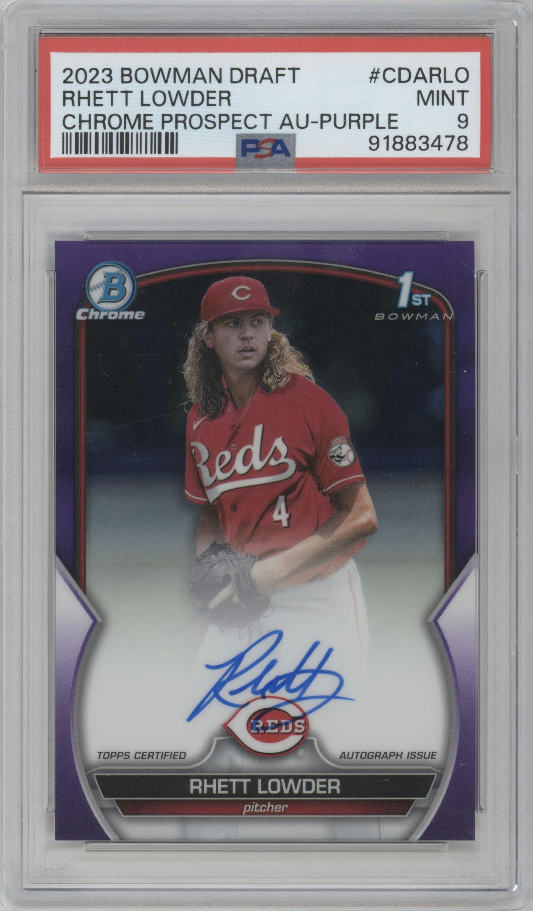Rhett Lowder from the 2023 Bowman Draft set featuring a Purple Refractor parallel graded by PSA and given an overall grade of 9.