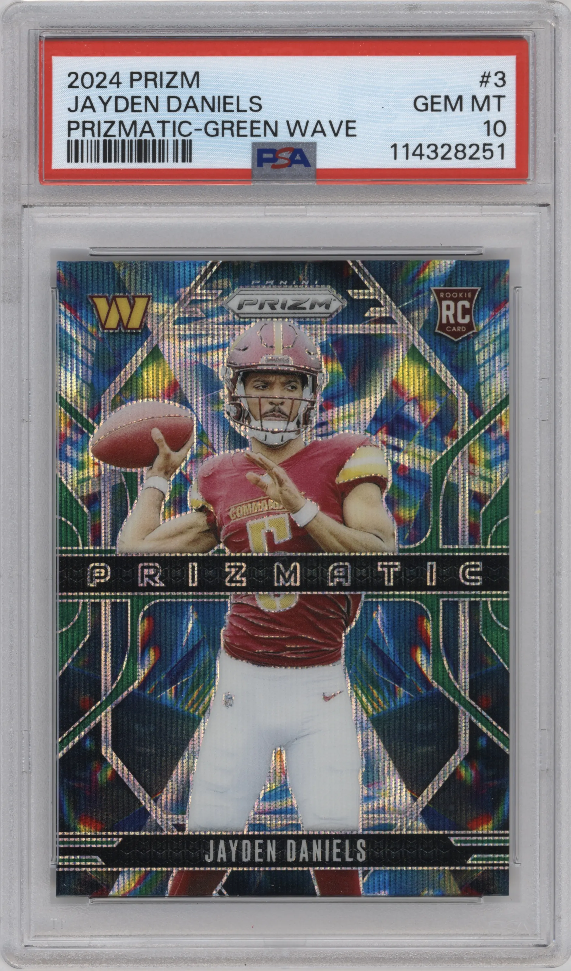 Jayden Daniels from the 2024 Panini Prizm set featuring a Green Wave parallel graded by PSA and given an overall grade of 10.