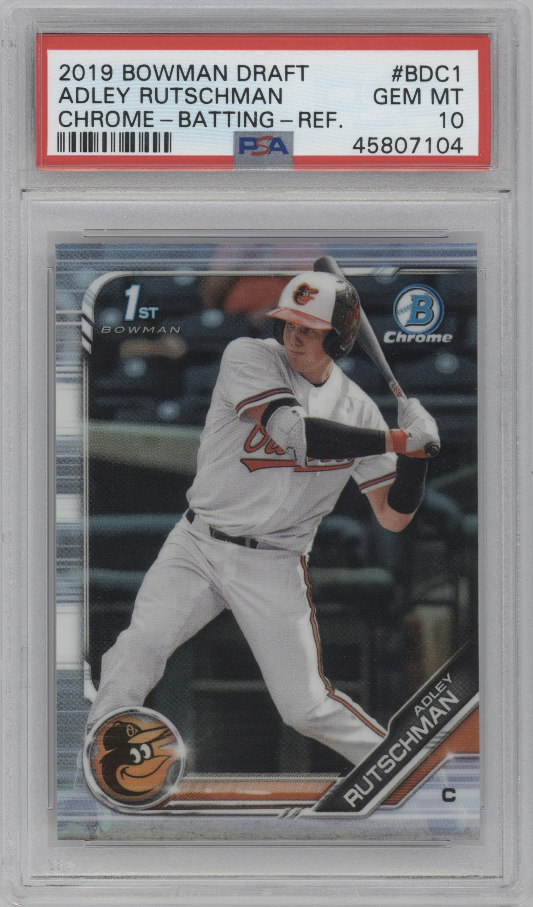 Adley Rutschman from the 2019 Bowman Draft set featuring a Refractor parallel graded by PSA and given an overall grade of 10.