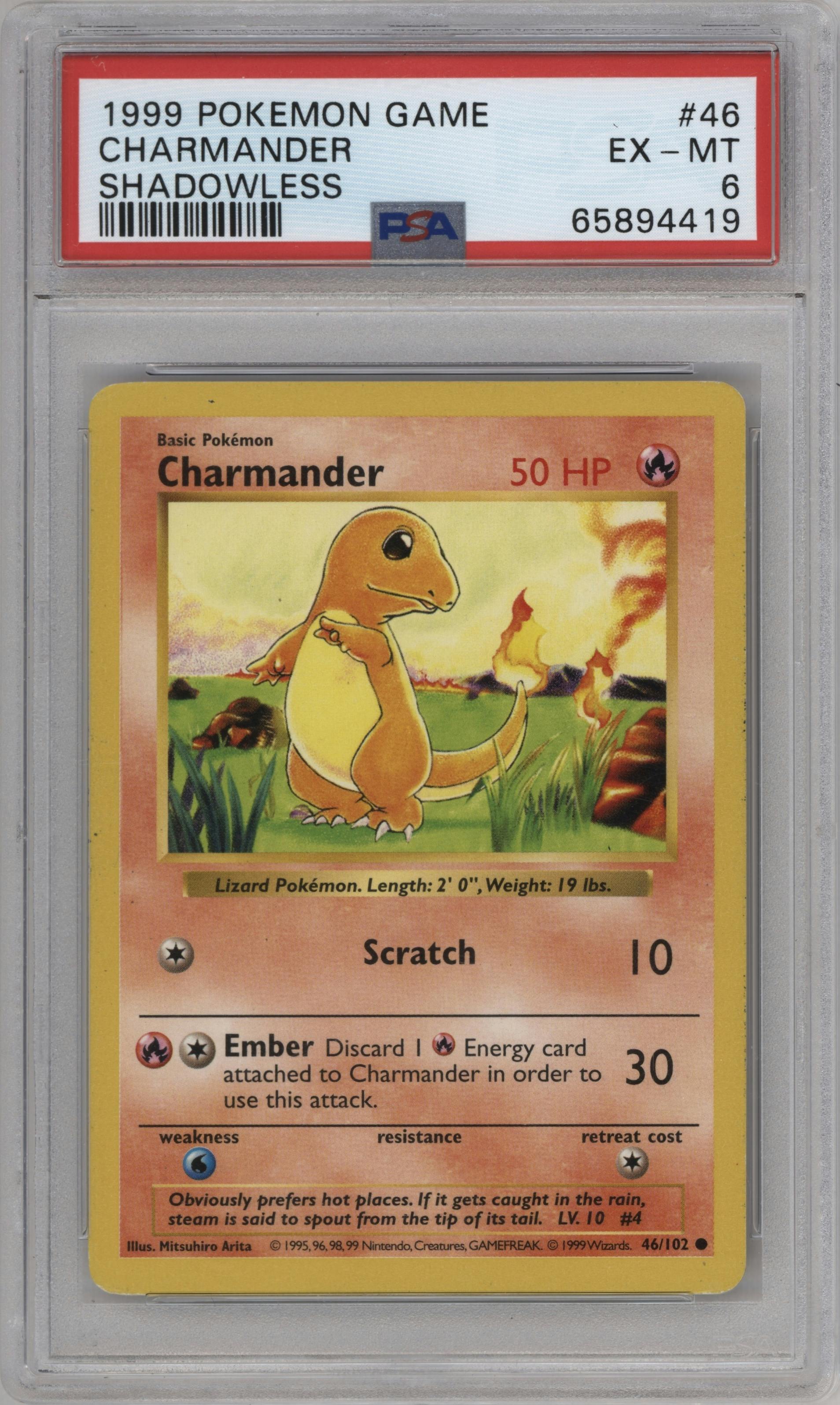 Charmander from the 1999 Pokemon set graded by PSA and given an overall grade of 6.