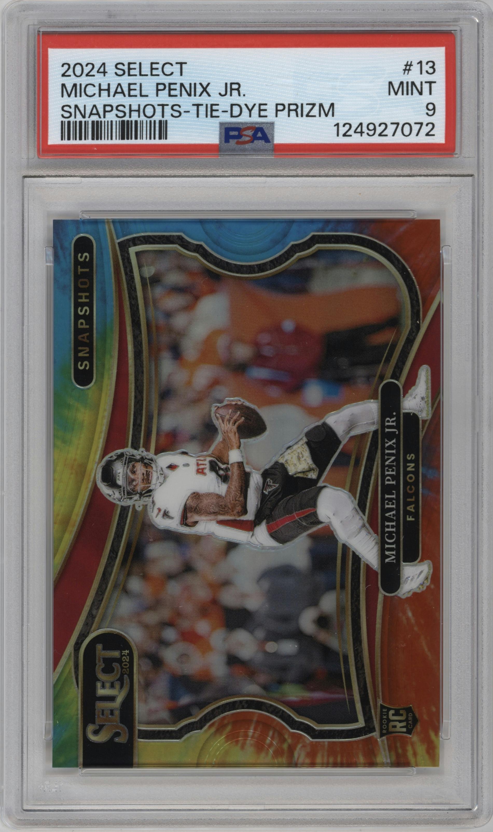 Michael Penix Jr. from the 2024 Panini Select set featuring a Tie-Dye Prizm parallel graded by PSA and given an overall grade of 9.