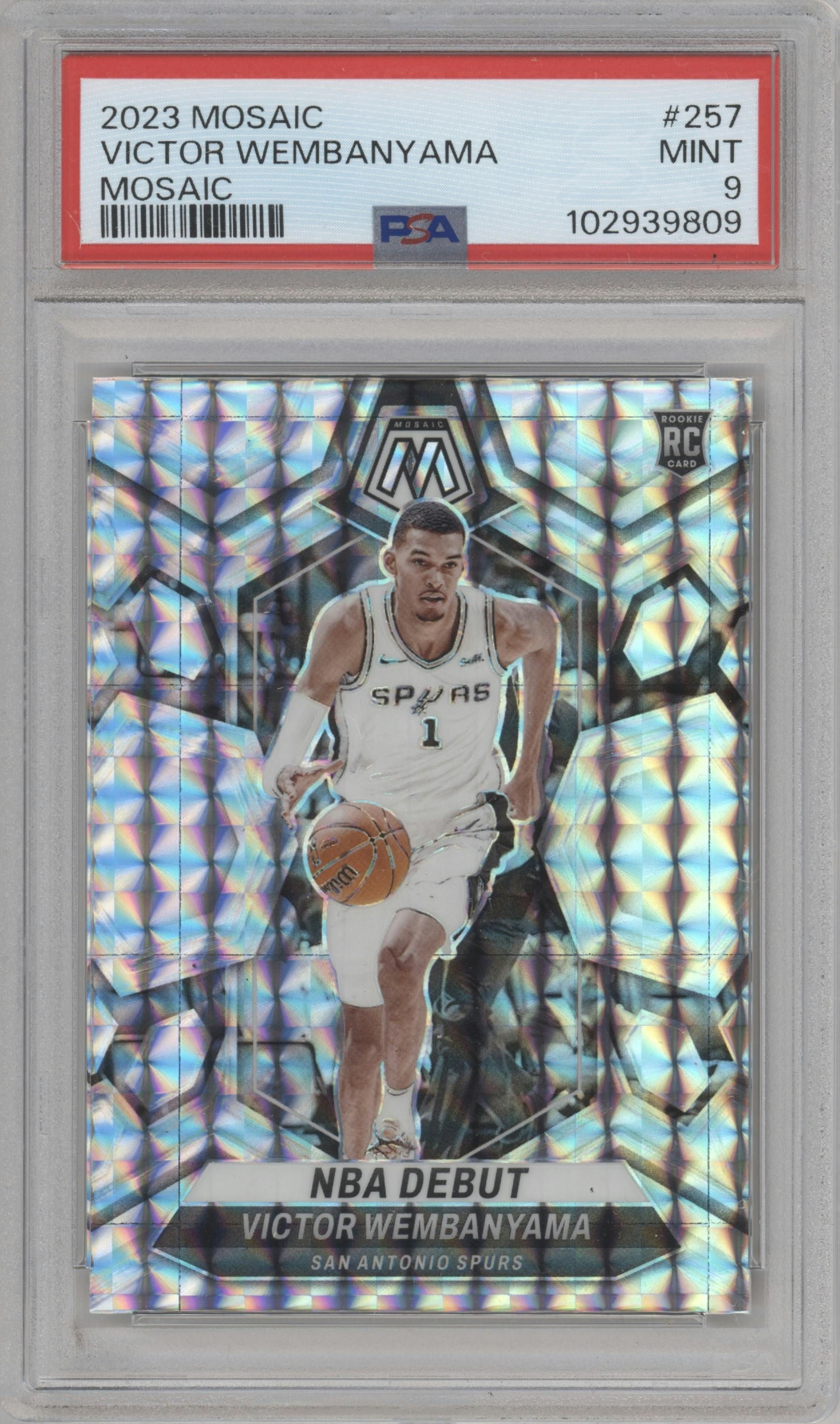 Victor Wembanyama from the 2023-24 Panini Mosaic set featuring a Mosaic parallel graded by PSA and given an overall grade of 9.