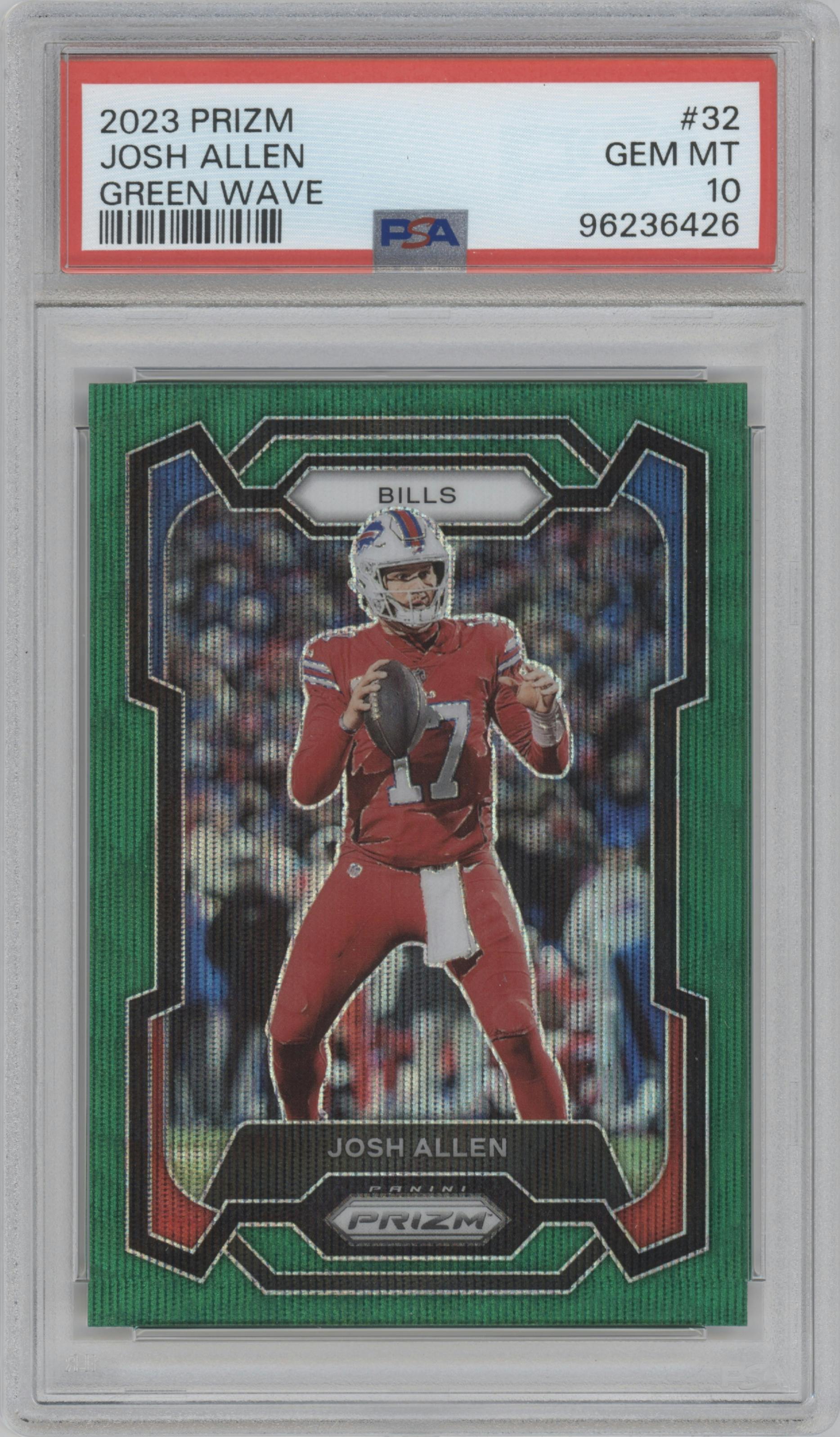Josh Allen from the 2023 Panini Prizm set featuring a Green Wave  parallel graded by PSA and given an overall grade of 10.