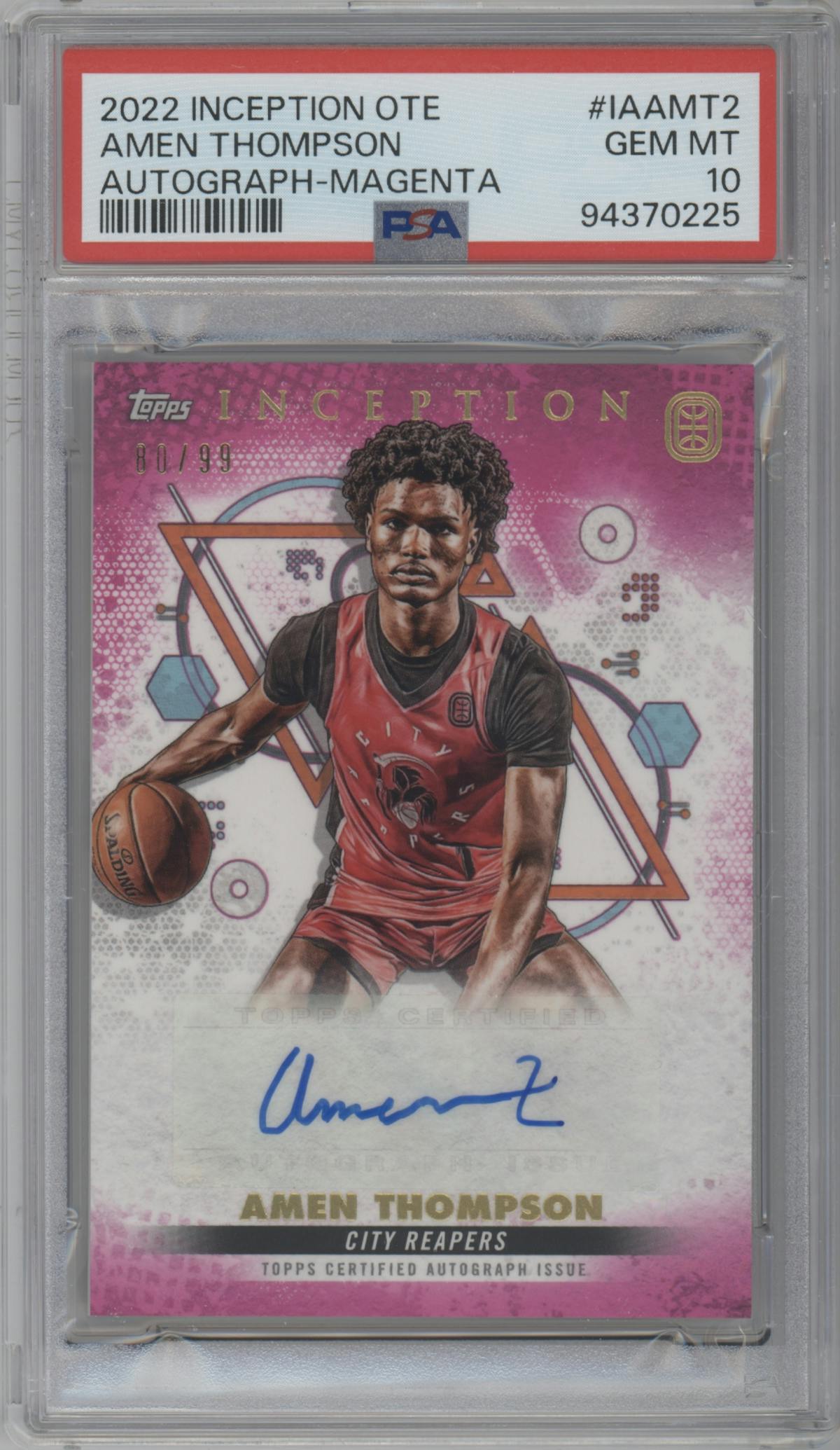 Amen Thompson from the 2022-23 Topps Inception OTE Overtime Elite set featuring a Magenta parallel graded by PSA and given an overall grade of 10.
