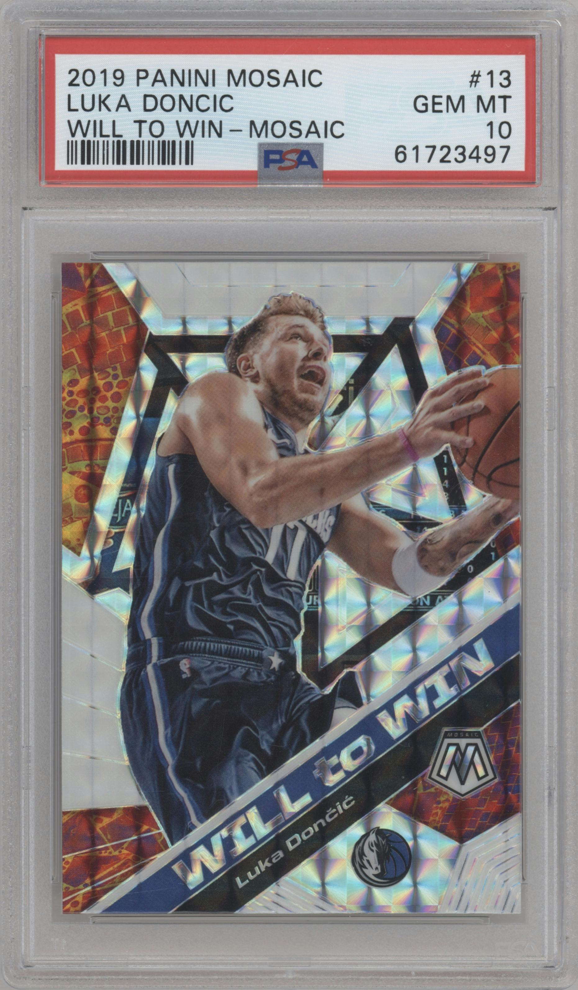 Luka Doncic from the 2019-20 Panini Mosaic  set featuring a Mosaic parallel graded by PSA and given an overall grade of 10.