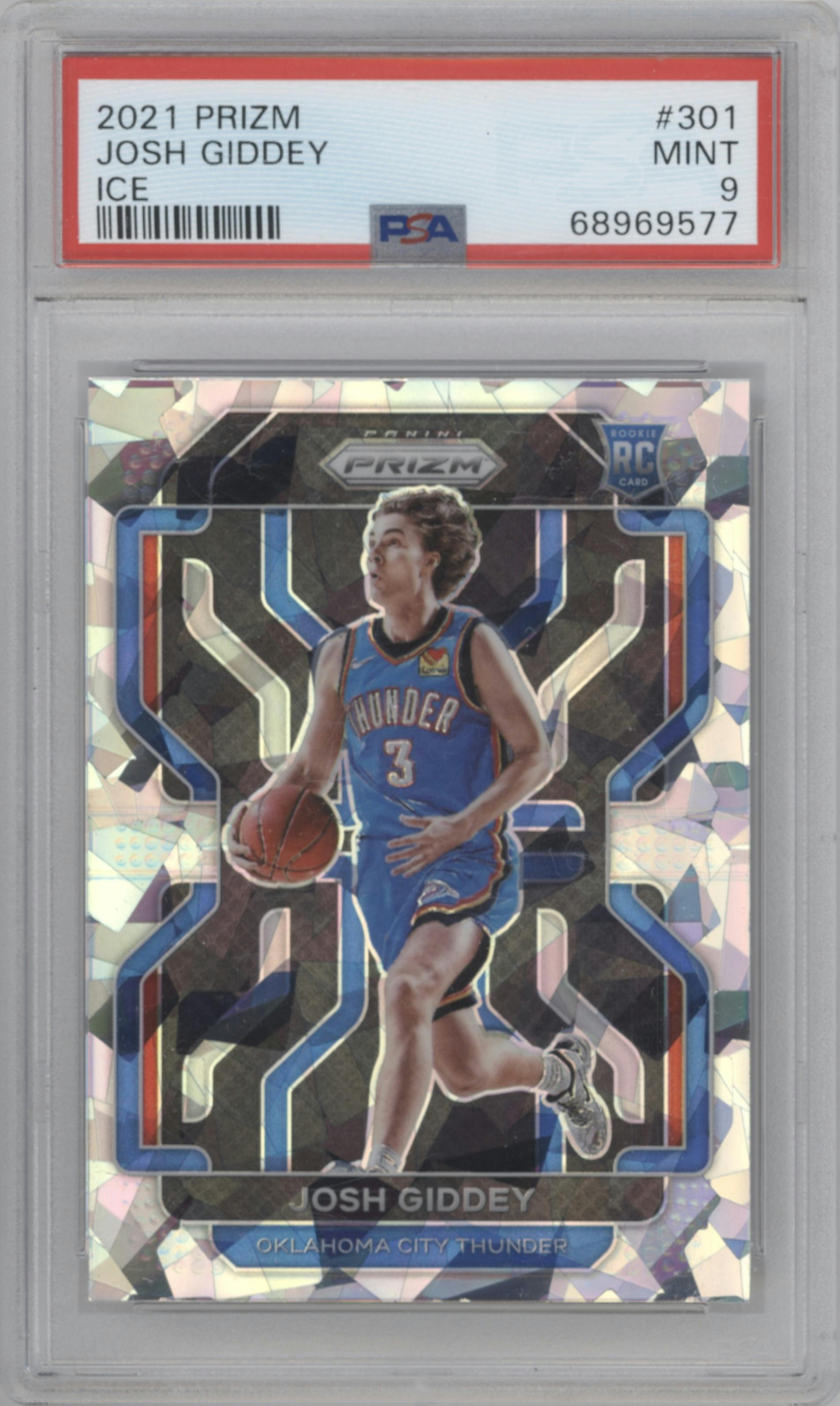 Josh Giddey from the 2021-22 Panini Prizm  set featuring a Ice Prizm parallel graded by PSA and given an overall grade of 9.