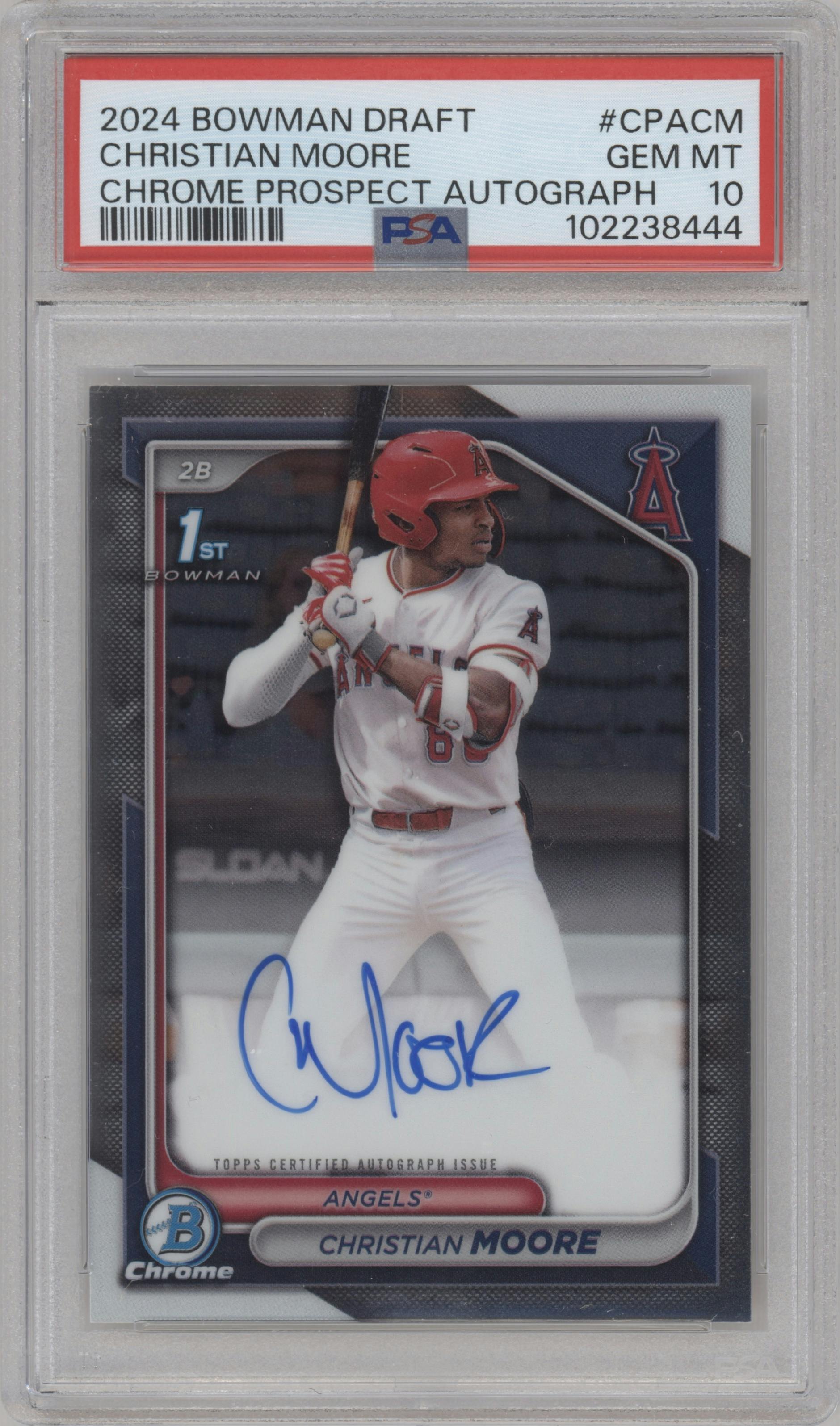 Christian Moore from the 2024 Bowman Draft set graded by PSA and given an overall grade of 10.