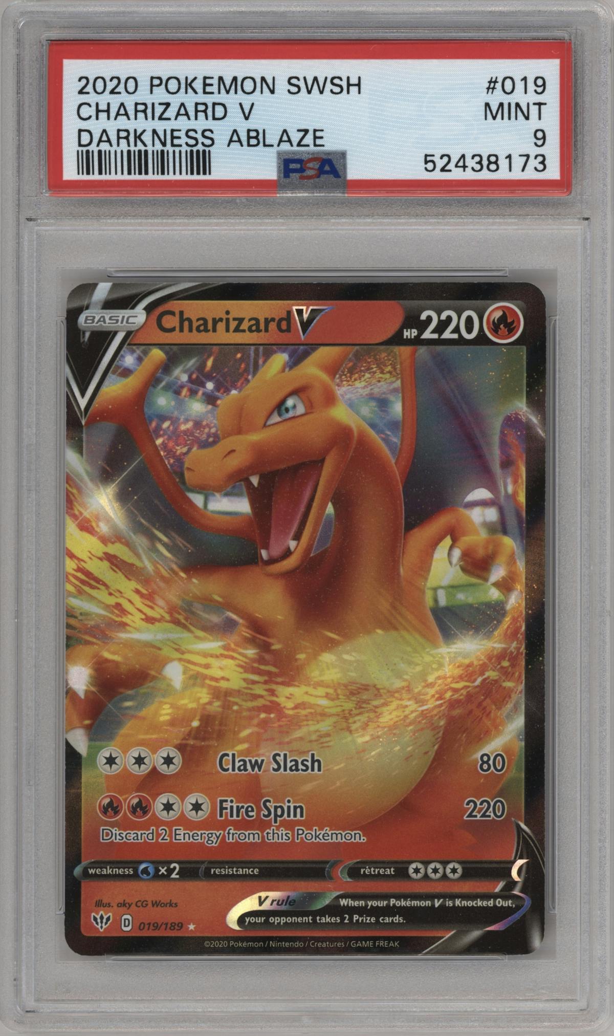 Charizard V from the 2020 Pokemon SWSH set graded by PSA and given an overall grade of 9.