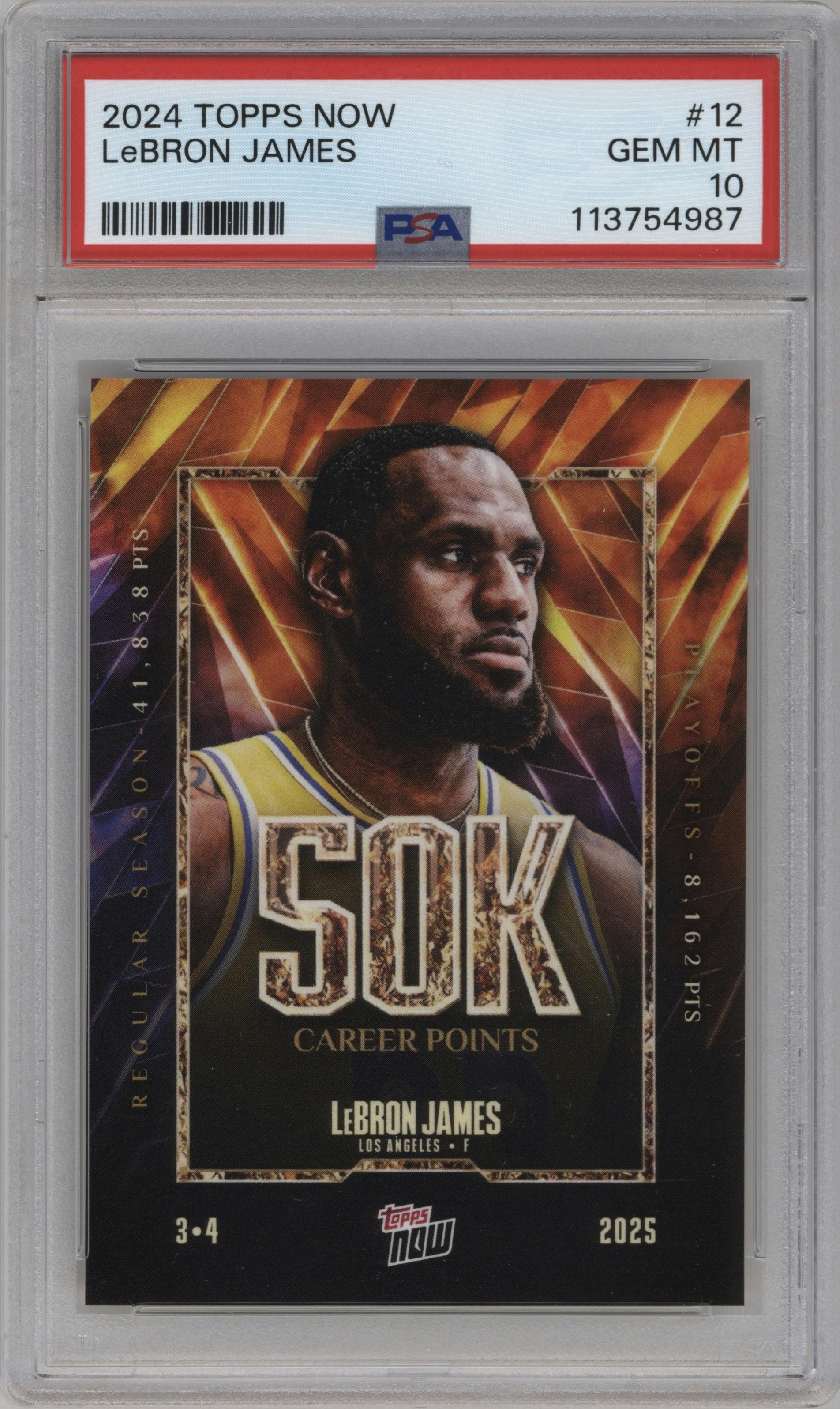 LeBron James from the 2024-25 Topps Now set graded by PSA and given an overall grade of 10.