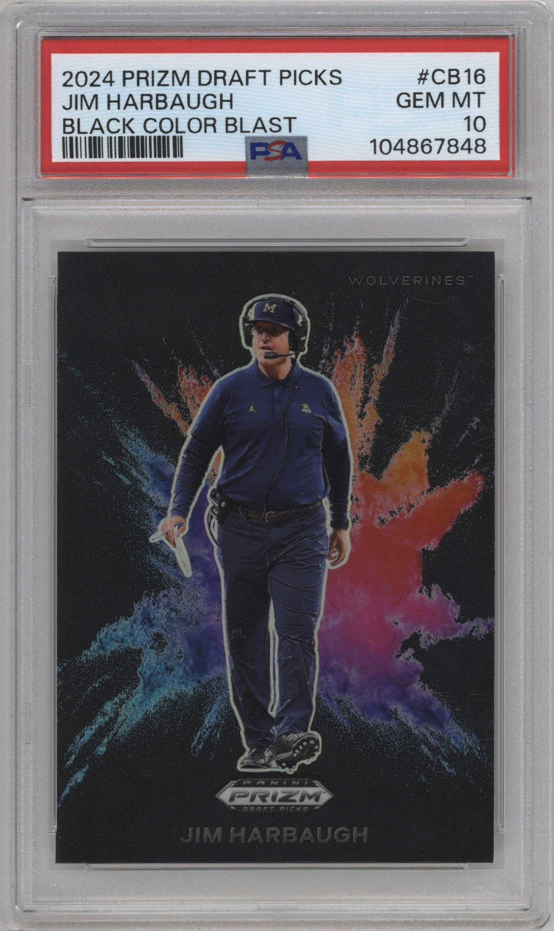 Jim Harbaugh from the 2024 Panini Prizm Draft Picks set graded by PSA and given an overall grade of 10.