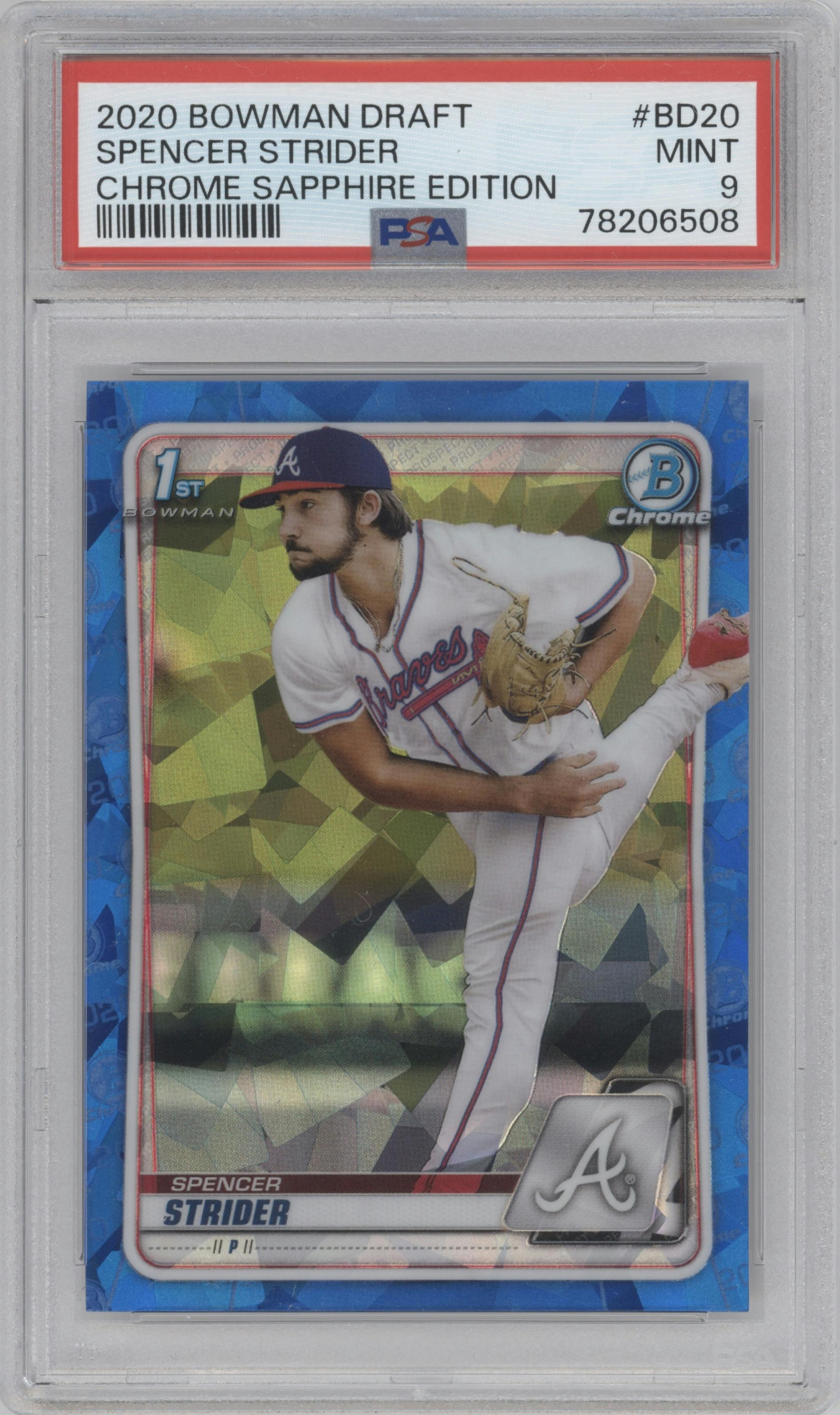 Spencer Strider from the 2020 Bowman Draft Sapphire set graded by PSA and given an overall grade of 9.