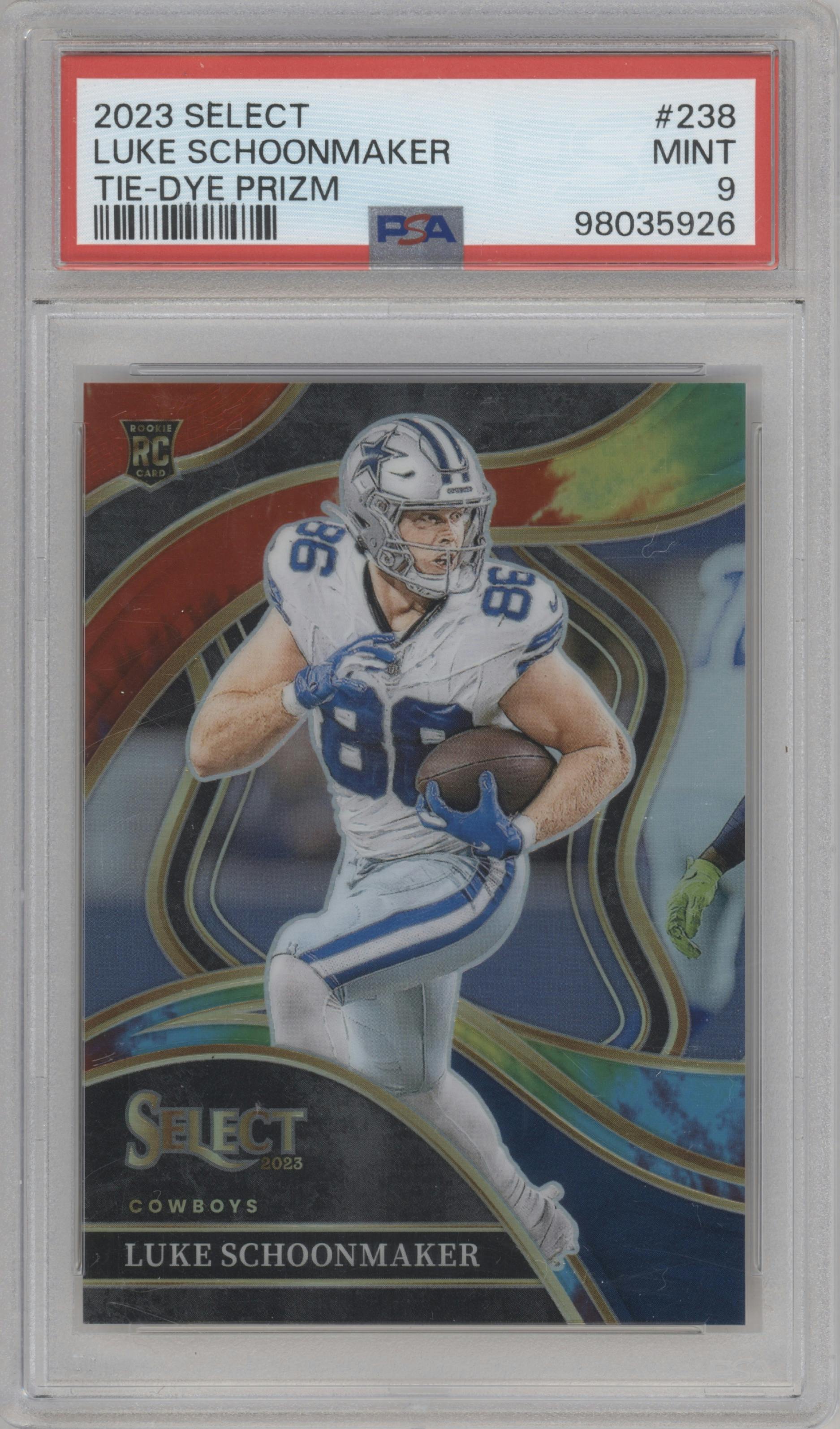 Luke Schoonmaker from the 2023 Panini Select set featuring a Tie-Dye Prizm parallel graded by PSA and given an overall grade of 9.