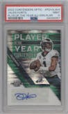Jalen Hurts from the 2022 Panini Contenders Optic set featuring a Green Pulsar parallel graded by PSA and given an overall grade of 9.