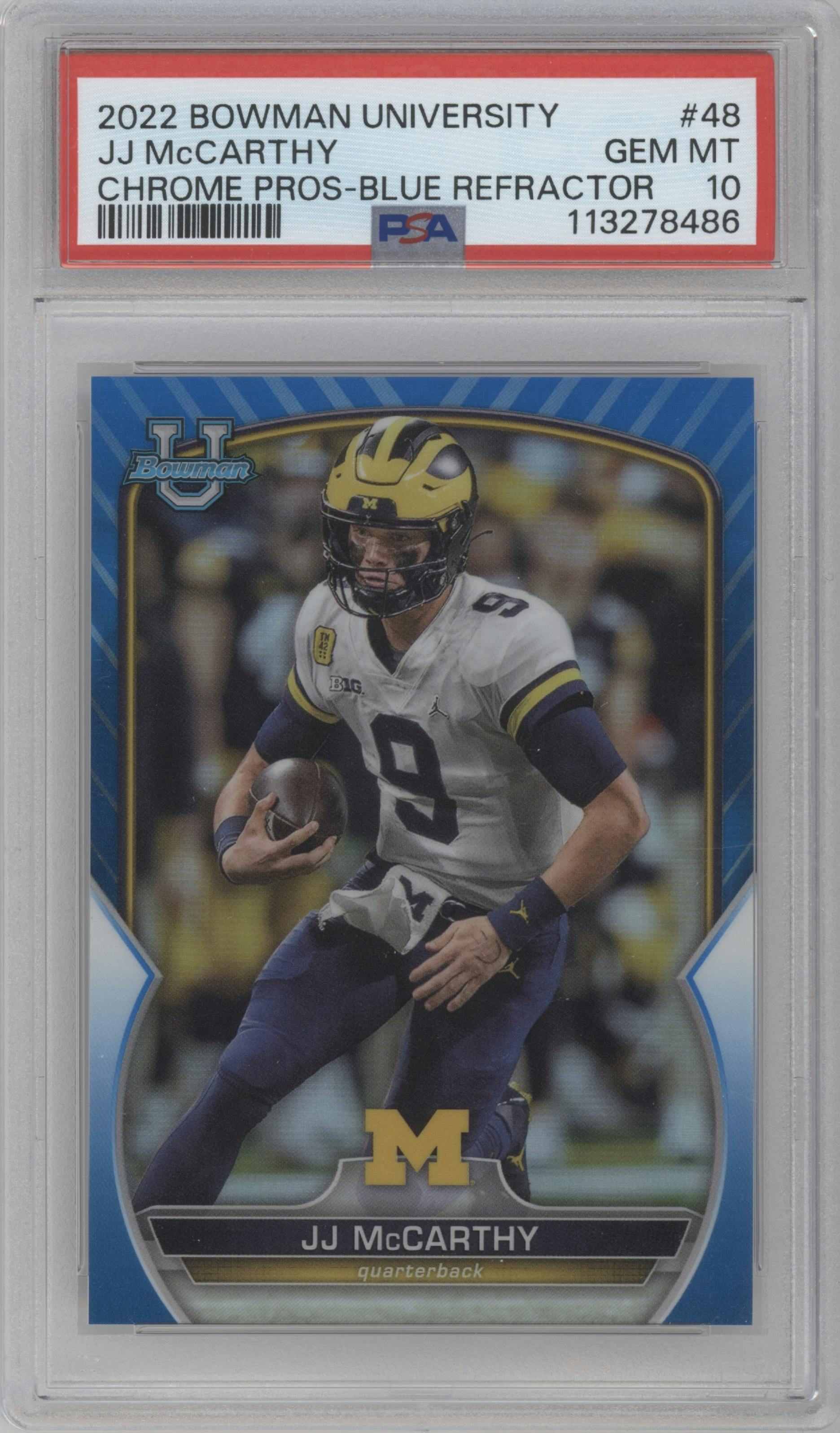 JJ McCarthy from the 2022 Bowman University Chrome set featuring a Blue Refractor parallel graded by PSA and given an overall grade of 10.