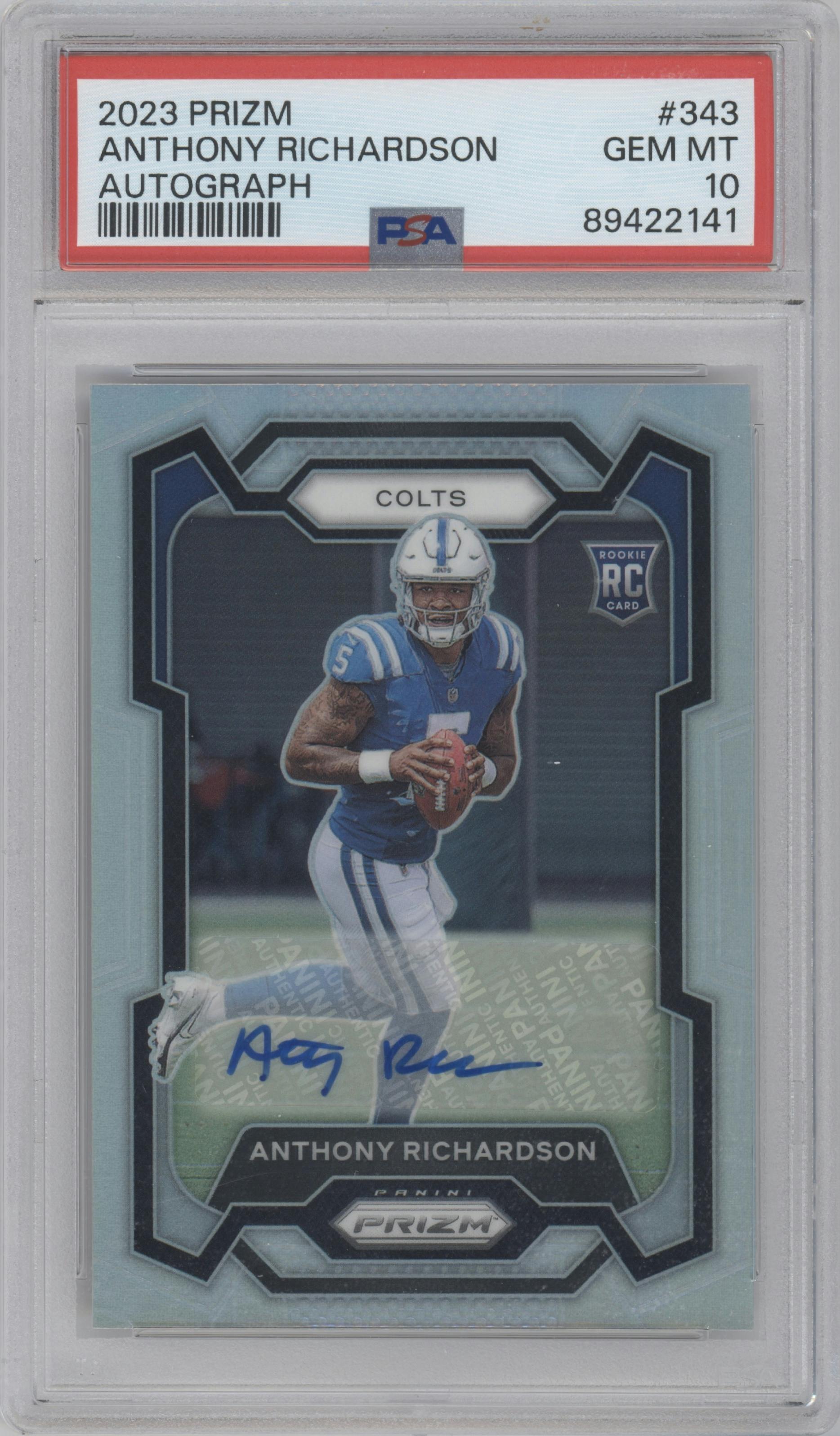 Anthony Richardson from the 2023 Panini Prizm set graded by PSA and given an overall grade of 10.