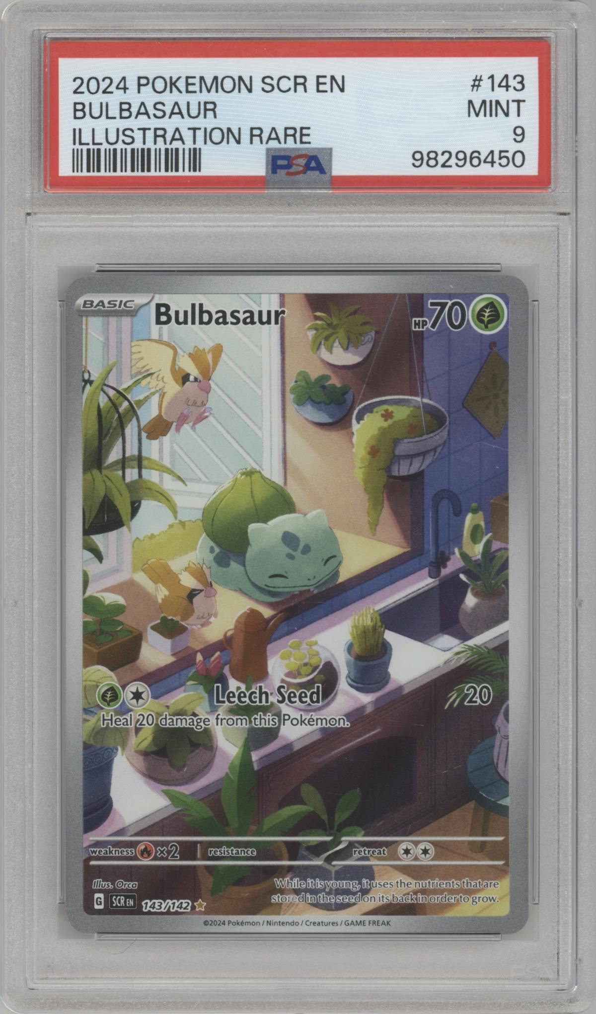 Bulbasaur from the 2024 Pokemon SV set graded by PSA and given an overall grade of 9.
