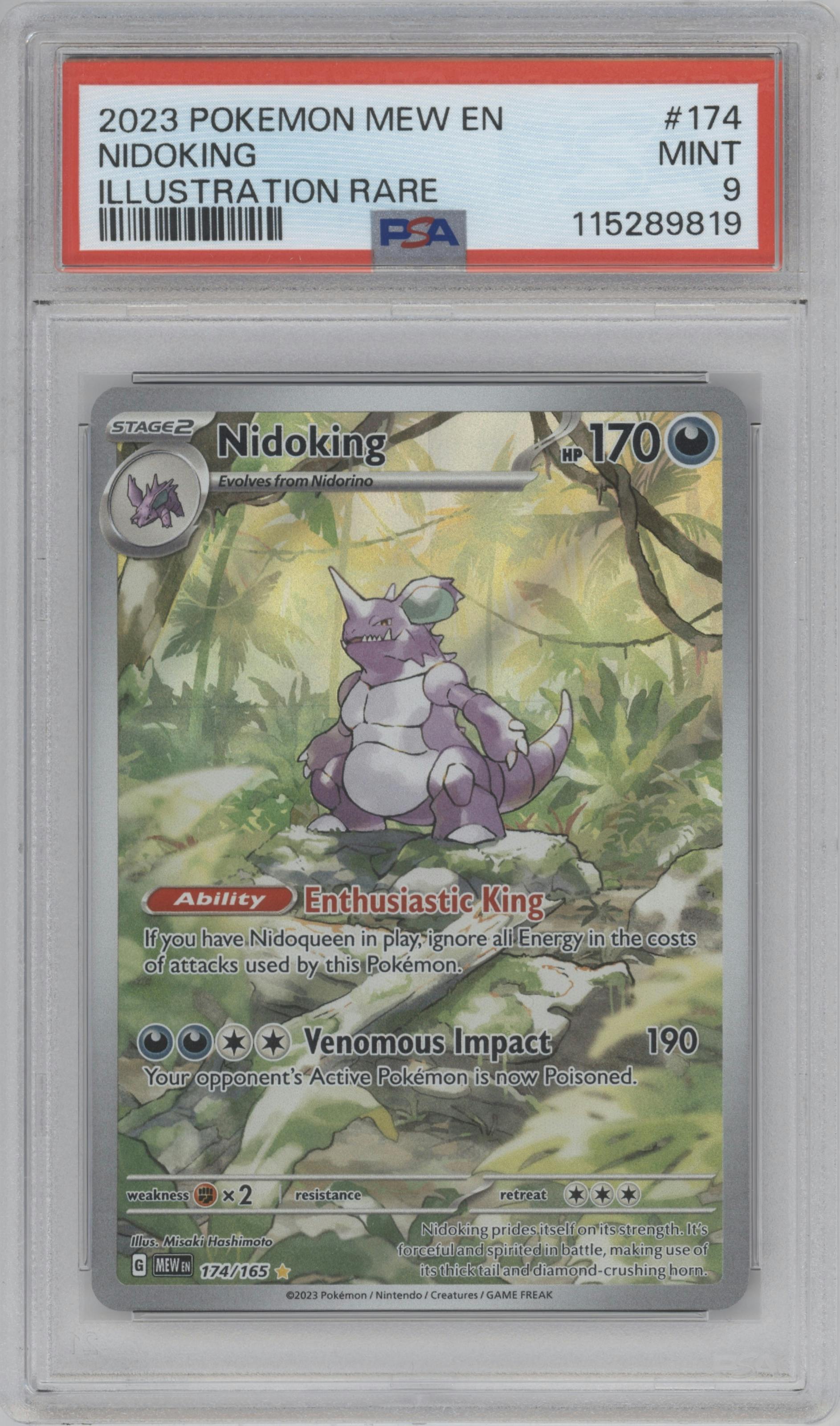 Nidoking from the 2023 Pokemon SV set graded by PSA and given an overall grade of 9.