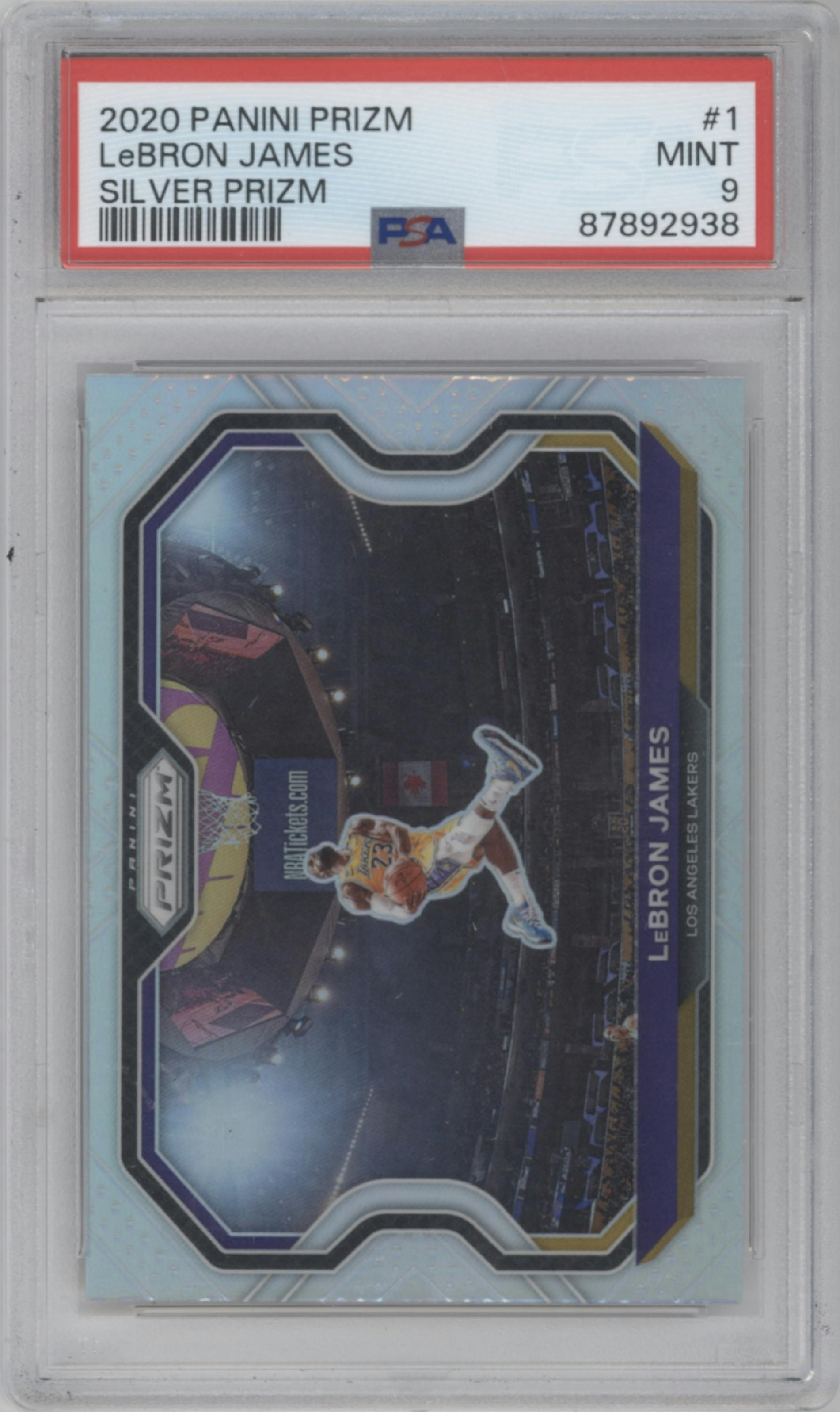 LeBron James from the 2020-21 Panini Prizm set featuring a Silver Prizm parallel graded by PSA and given an overall grade of 9.