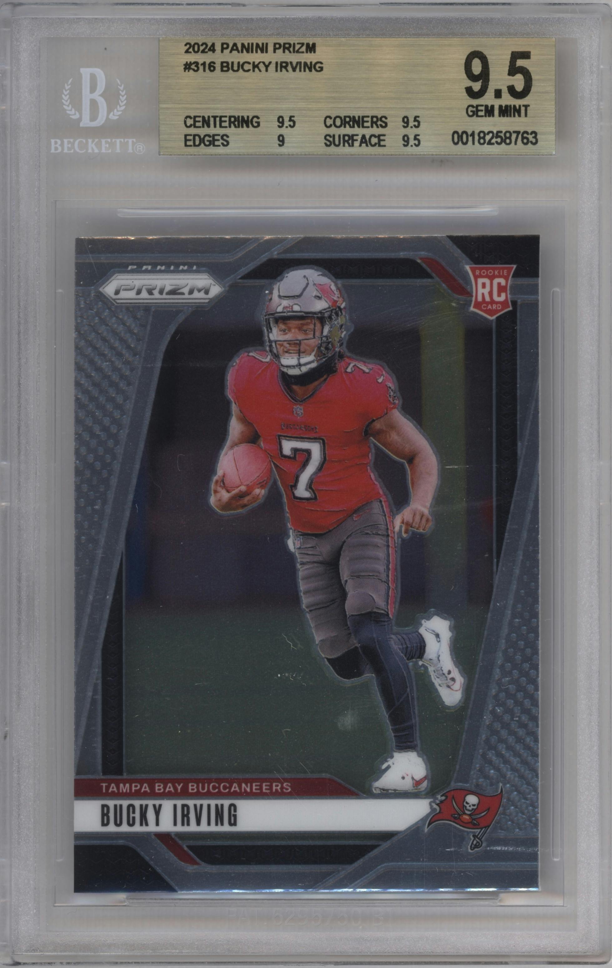 Bucky Irving from the 2024 Panini Prizm set graded by Beckett and given an overall grade of 9.5.