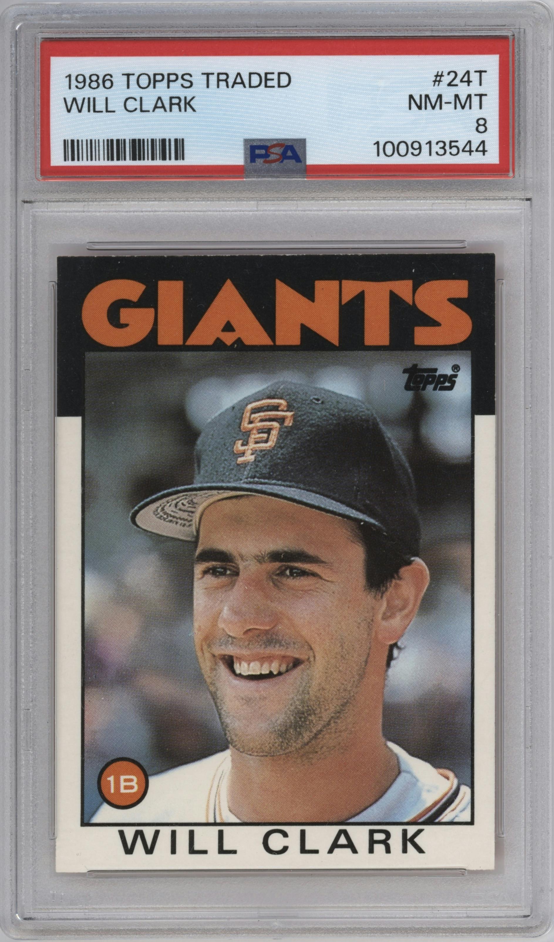 Will Clark from the 1986 Topps Traded set graded by PSA and given an overall grade of 8.