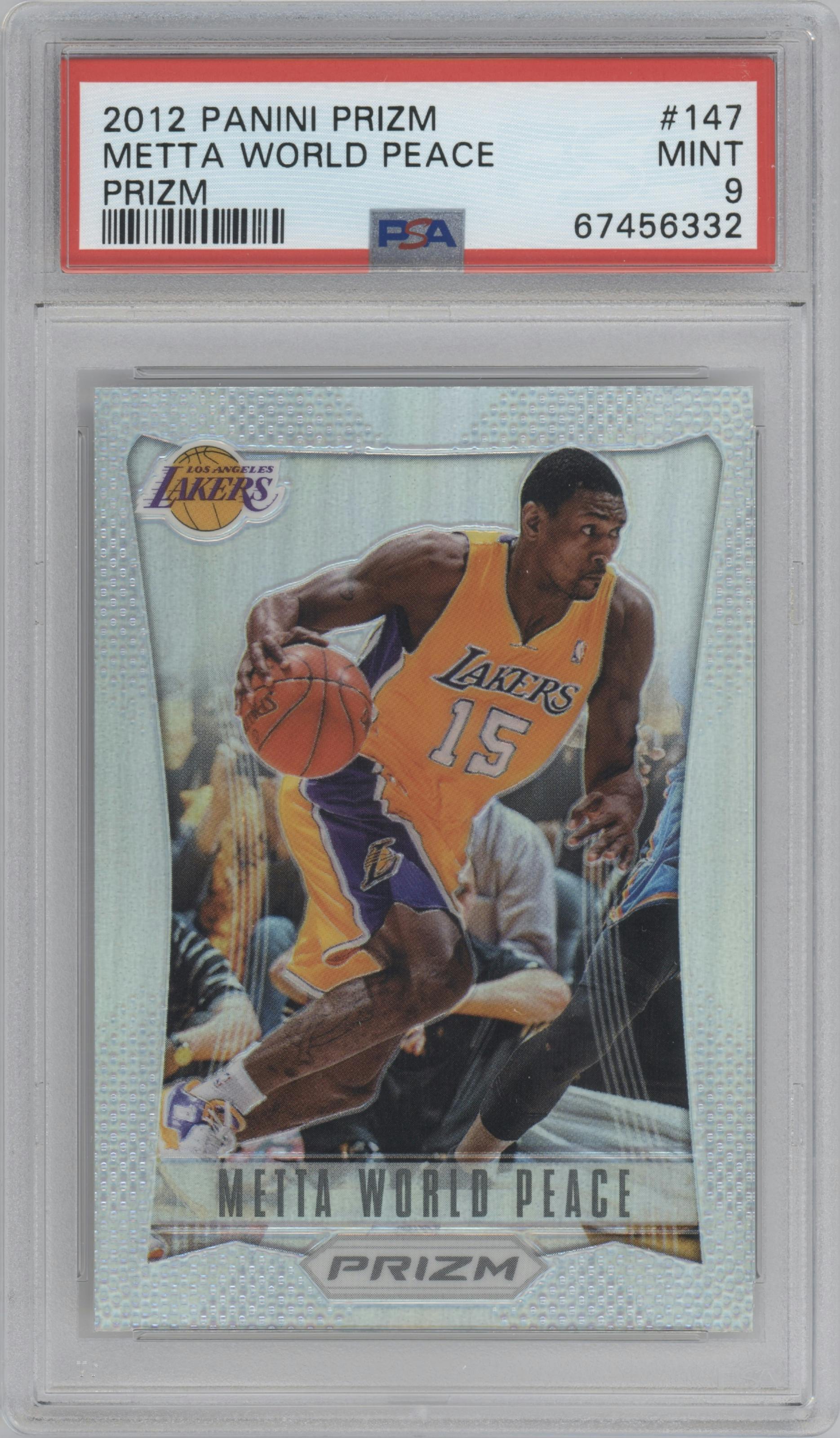 Metta World Peace from the 2012-13 Panini Prizm set featuring a Prizm parallel graded by PSA and given an overall grade of 9.