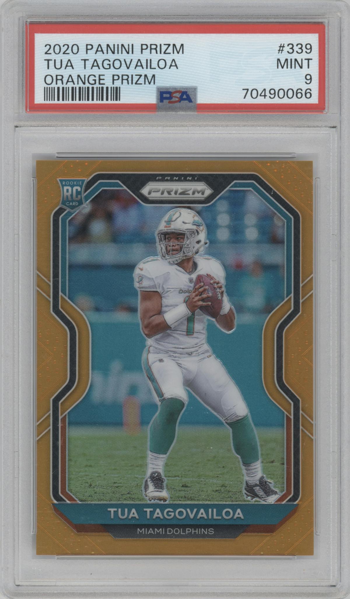 Tua Tagovailoa from the 2020 Panini Prizm set featuring a Orange Prizm parallel graded by PSA and given an overall grade of 9.