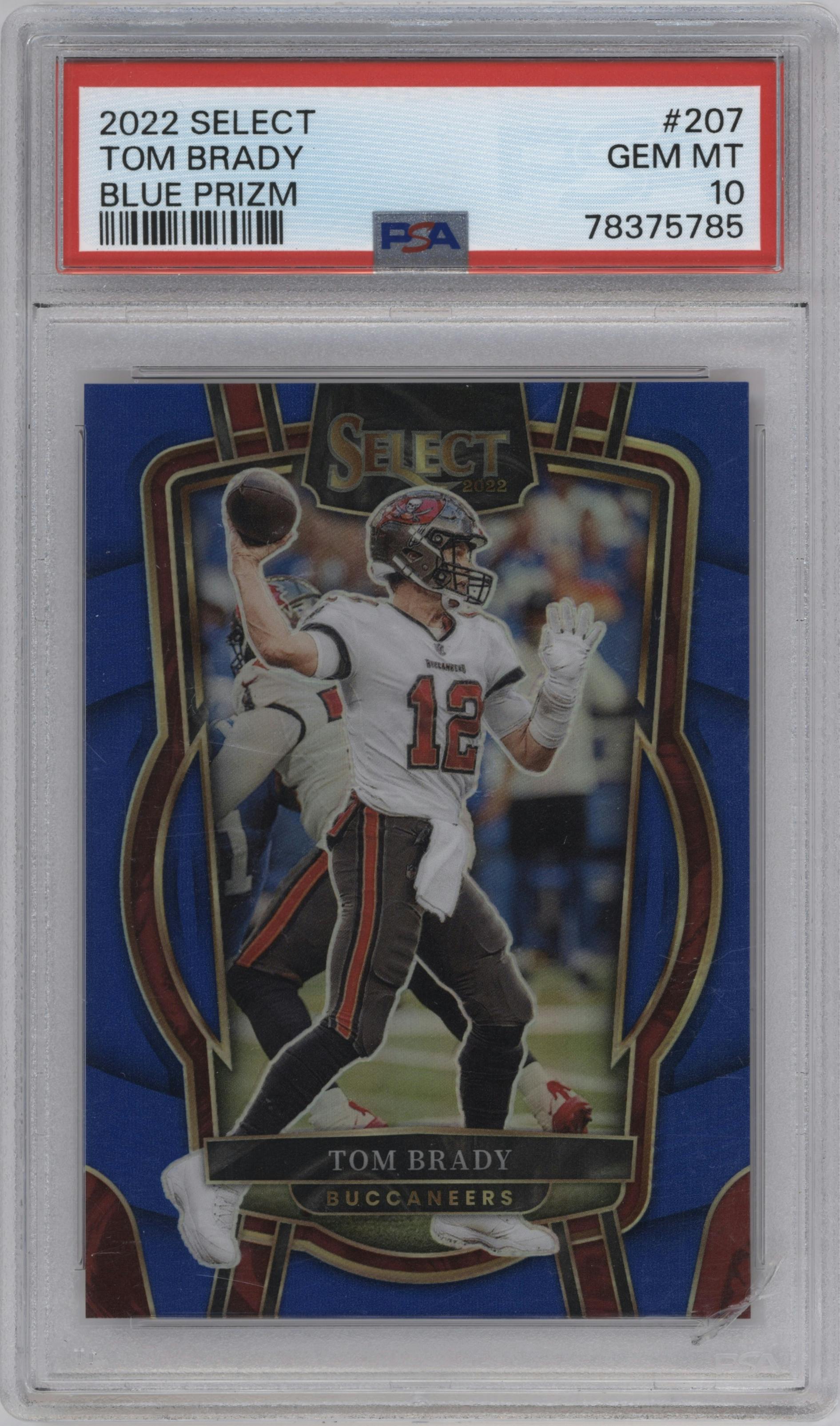 Tom Brady from the 2022 Panini Select set featuring a Blue Prizm parallel graded by PSA and given an overall grade of 10.