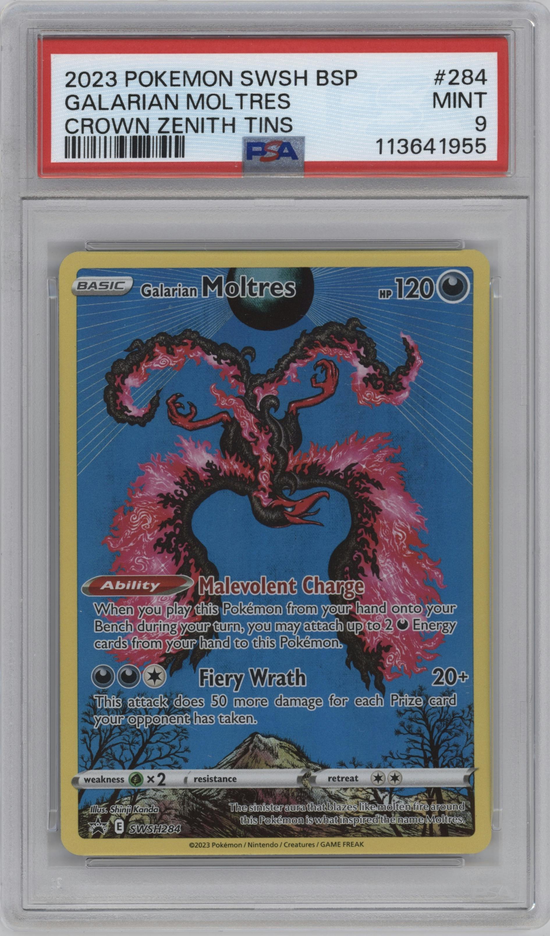 Galarian Moltres from the 2023 Pokemon SWSH set featuring a Galarian Moltres Crown Zenith Collection Tin parallel graded by PSA and given an overall grade of 9.