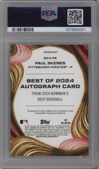 Paul Skenes from the 2024 Bowman's Best set featuring a SuperFractors parallel graded by PSA and given an overall grade of 10.