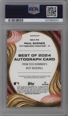 Paul Skenes from the 2024 Bowman's Best set featuring a SuperFractors parallel graded by PSA and given an overall grade of 10.