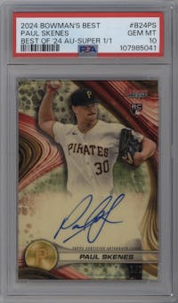 Paul Skenes from the 2024 Bowman's Best set featuring a SuperFractors parallel graded by PSA and given an overall grade of 10.
