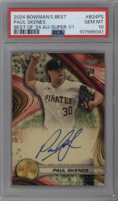 Paul Skenes from the 2024 Bowman's Best set featuring a SuperFractors parallel graded by PSA and given an overall grade of 10.