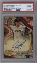 Paul Skenes from the 2024 Bowman's Best set featuring a SuperFractors parallel graded by PSA and given an overall grade of 10.