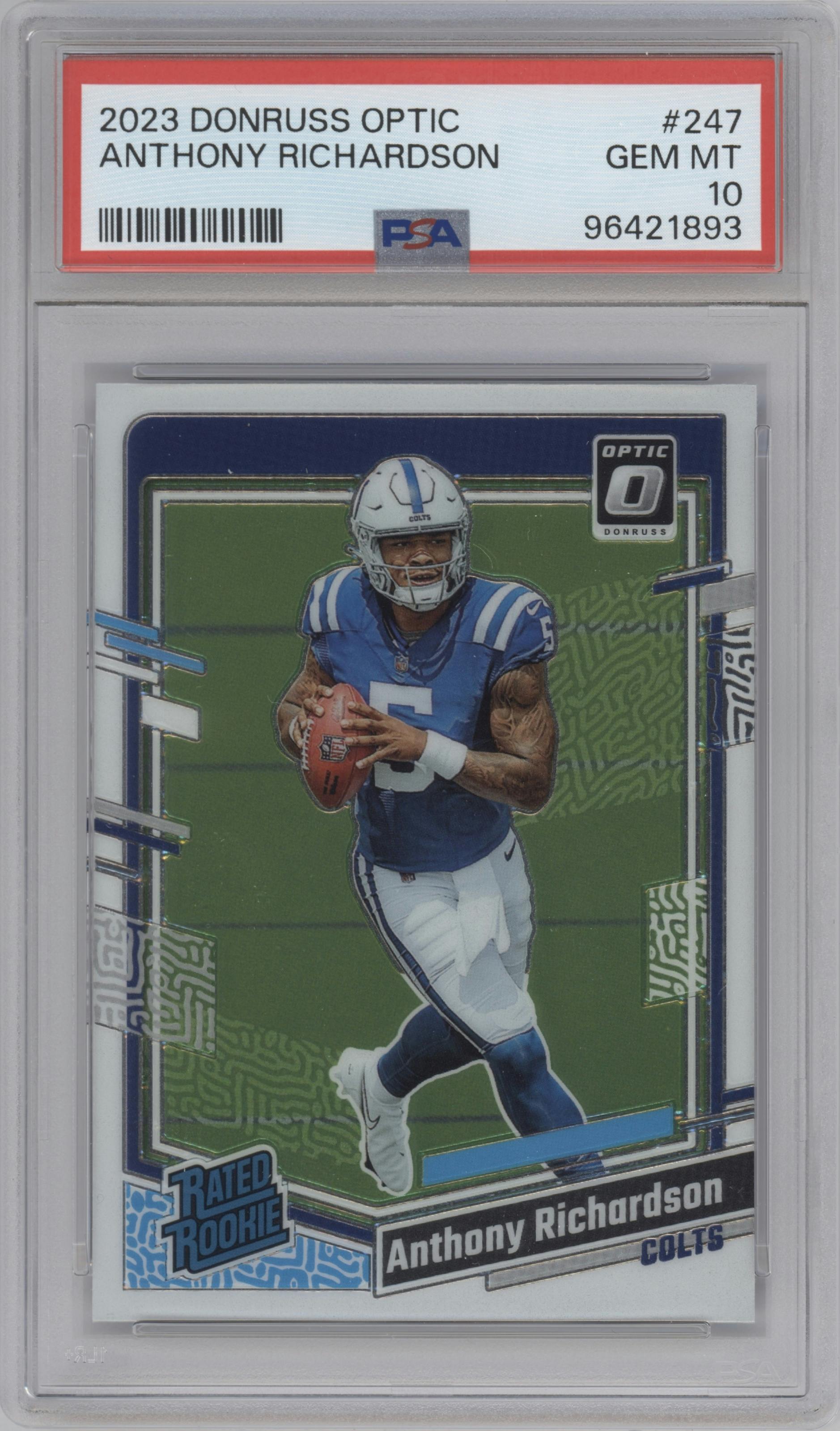 Anthony Richardson from the 2023 Donruss Optic set graded by PSA and given an overall grade of 10.