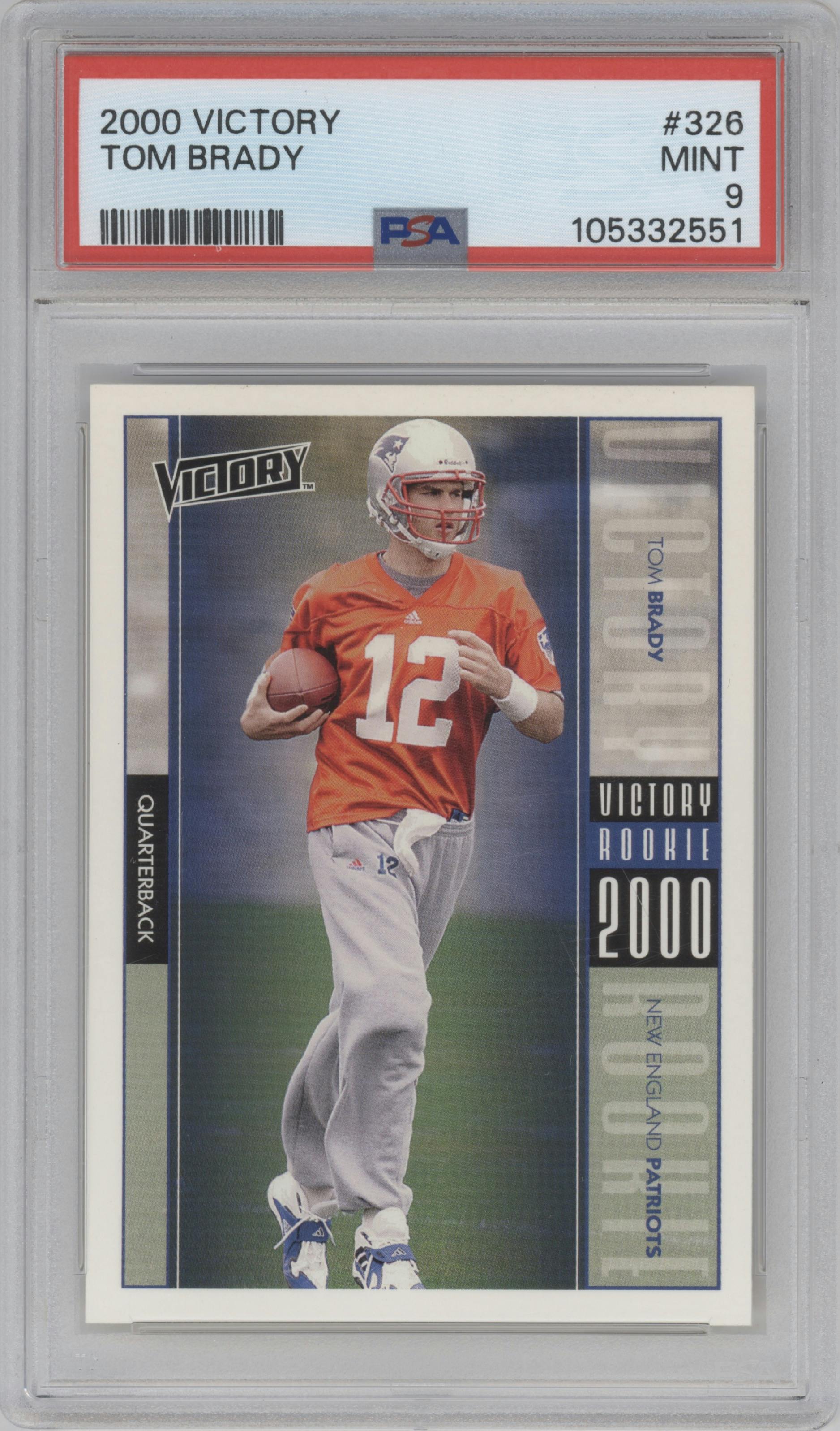 Tom Brady from the 2000 Upper Deck Victory set graded by PSA and given an overall grade of 9.