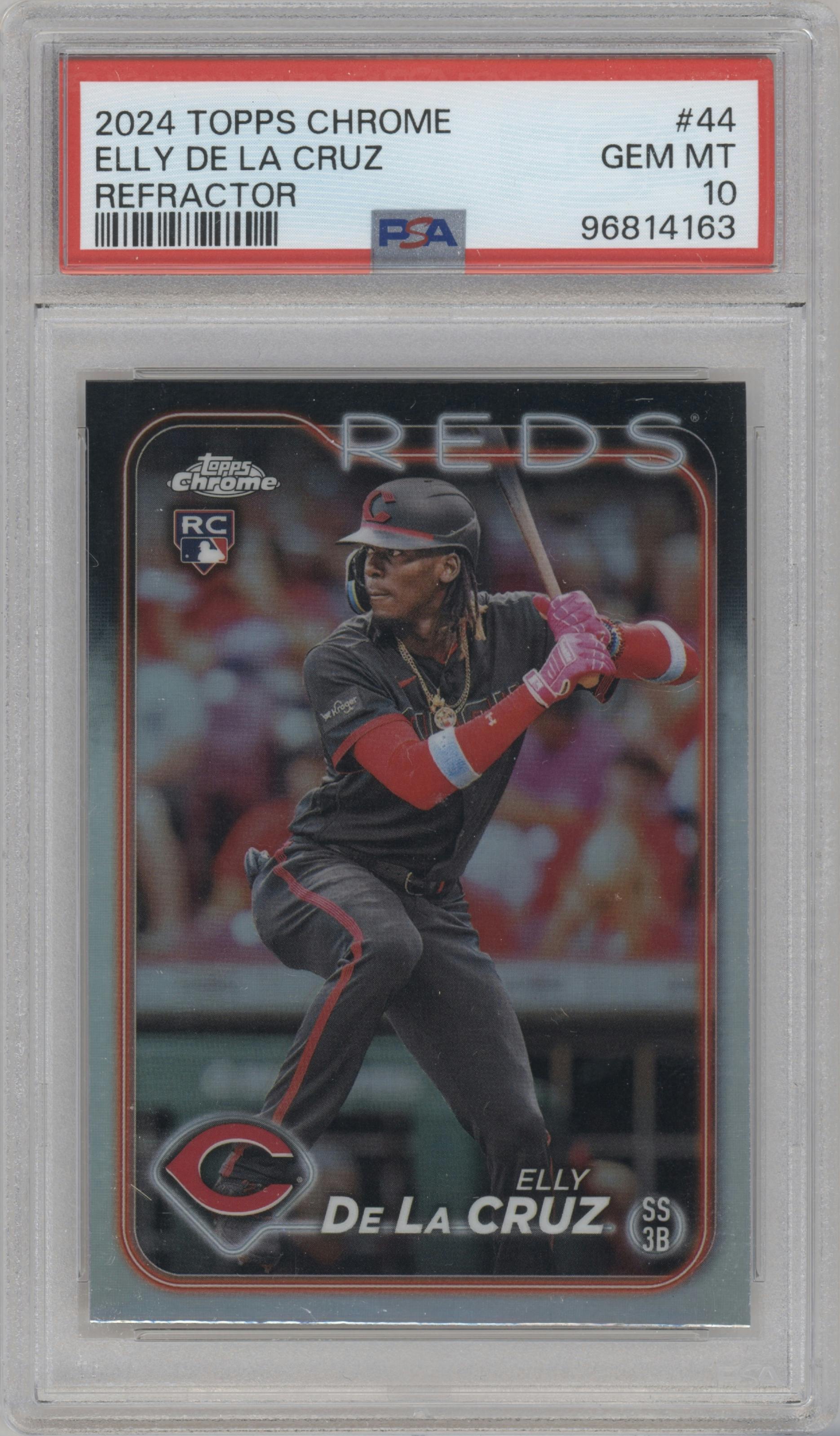 Elly De La Cruz from the 2024 Topps Chrome set featuring a Refractor parallel graded by PSA and given an overall grade of 10.