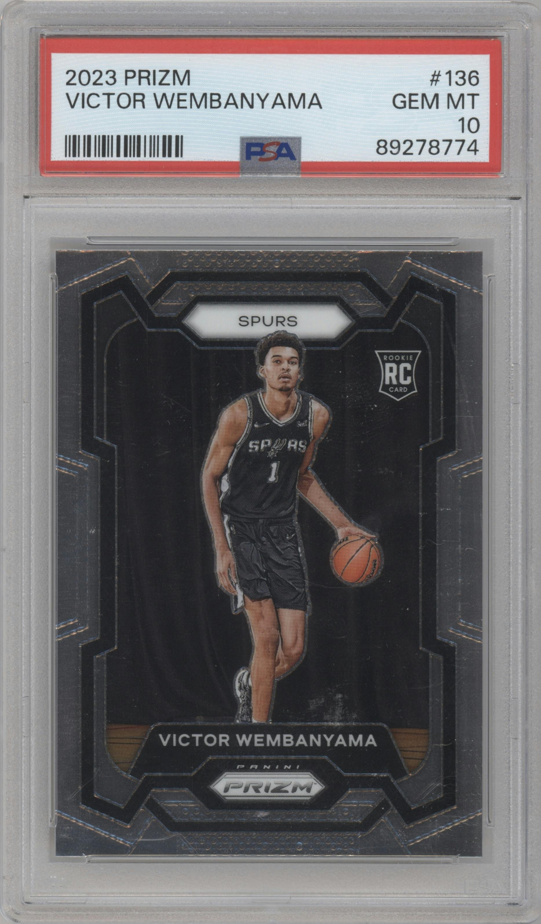 Victor Wembanyama from the 2023-24 Panini Prizm set graded by PSA and given an overall grade of 10.