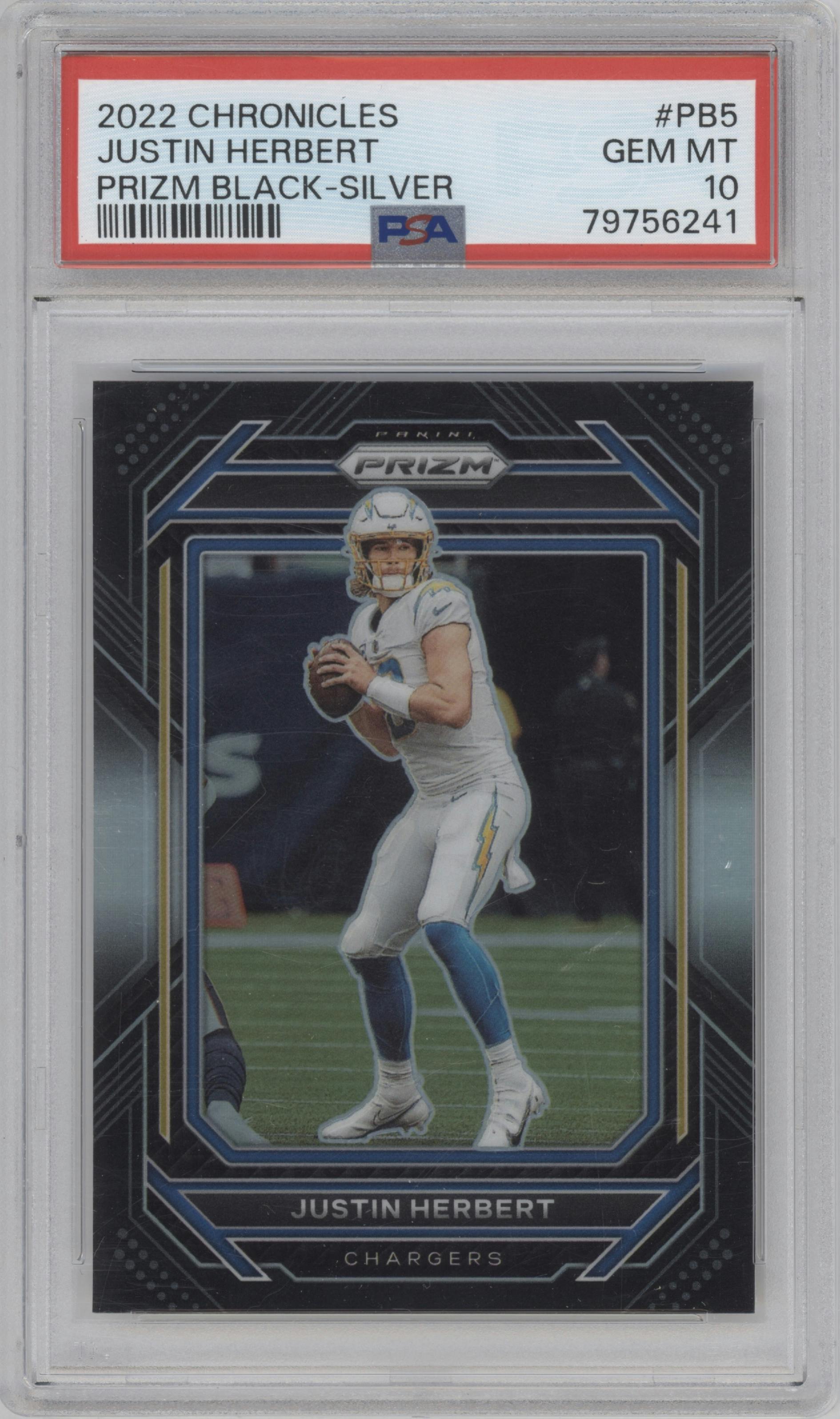 Justin Herbert from the 2022 Panini Chronicles set featuring a Silver parallel graded by PSA and given an overall grade of 10.